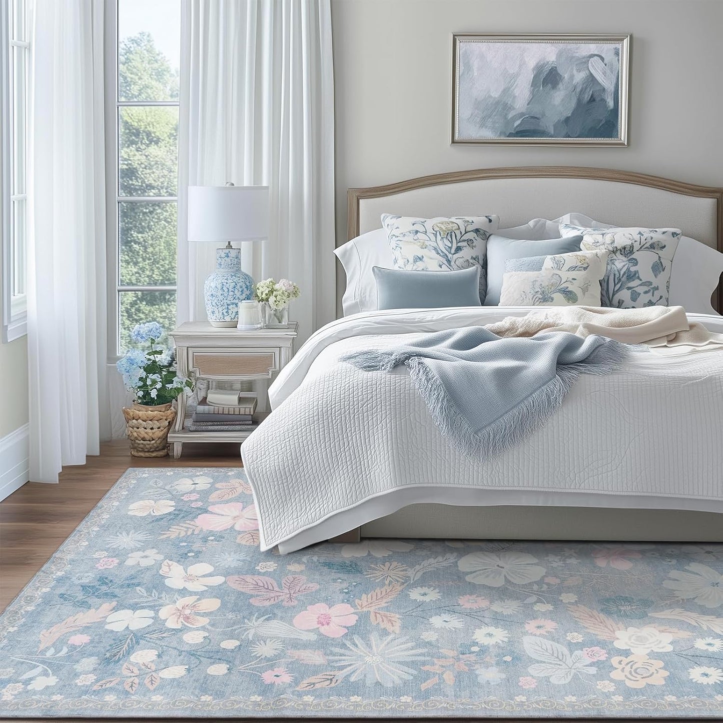 Blue 6x9 Area Rugs Machine Washable Low Pile Non Slip Stain Resistant for Living Room Big Boho Vintage Flower Pattern Carpet Rug Ultra-Thin for Bedroom Dining Room Kids Playroom