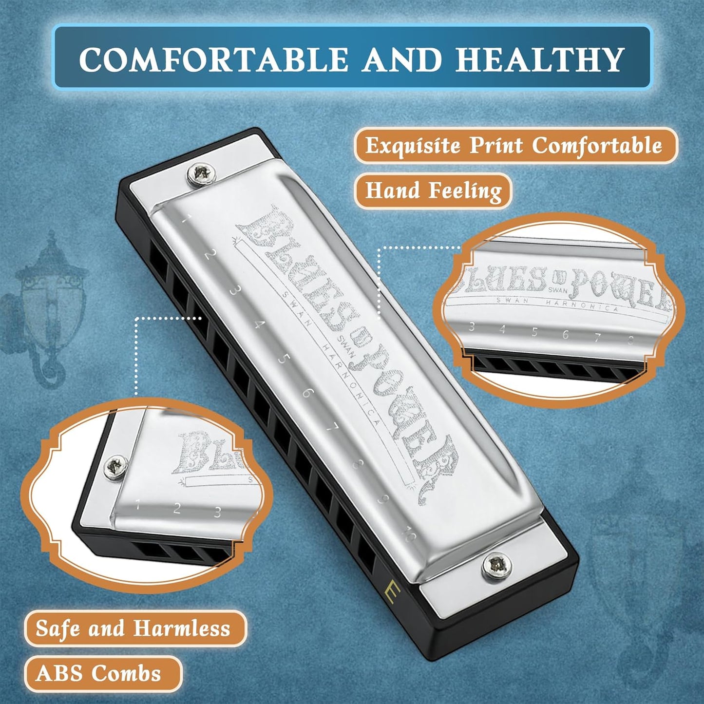 SWAN Blues Harmonica, Key of E, 10 Hole 20 Tone Diatonic Harp Mouth Organ, Stainless Steel Deluxe Harmonica for Adults, Students, Beginners, as a Gift (Silver-E)