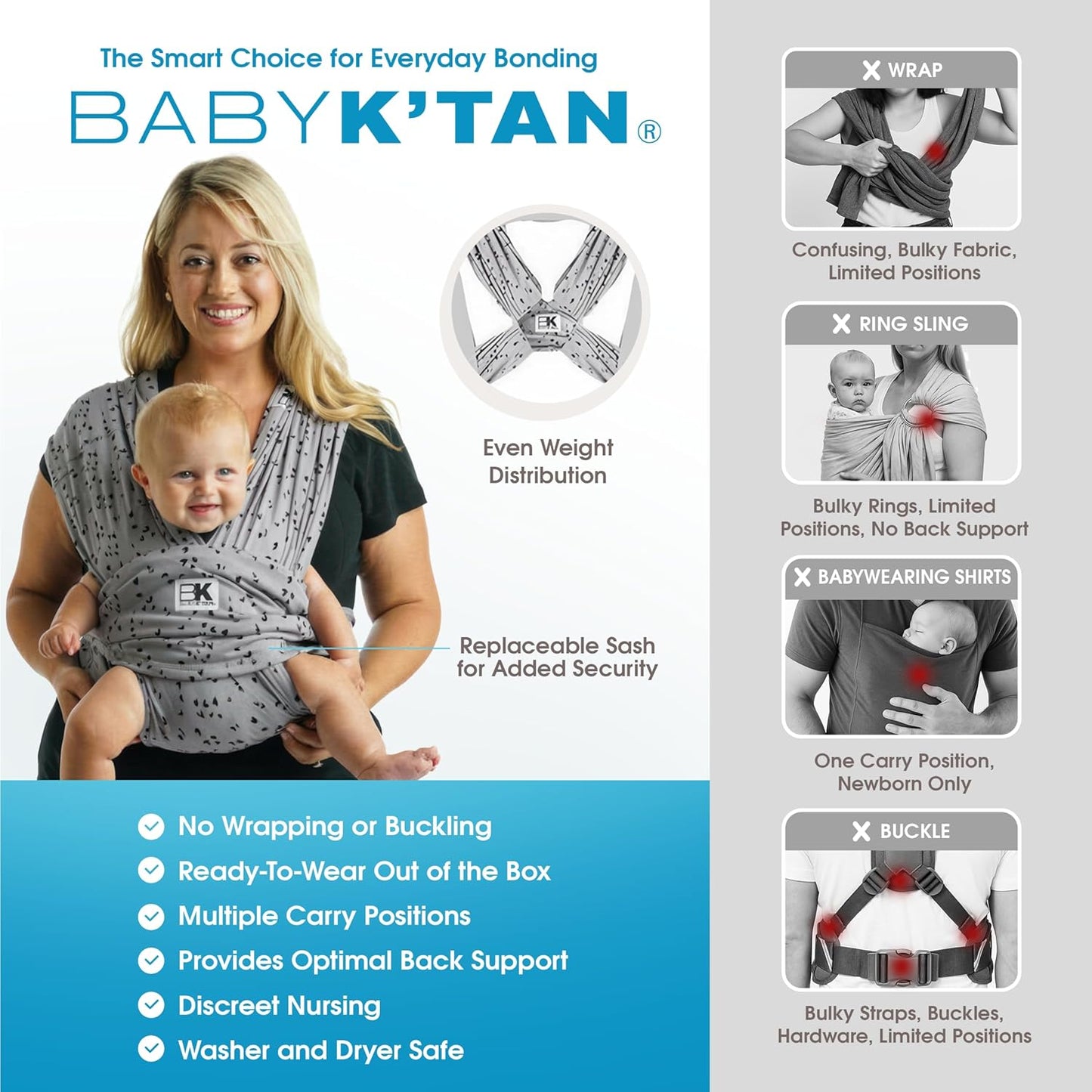 Plus-Size Original Baby K'tan Baby Carrier: #1 Easy Pre-Wrapped, Slip-On, No Rings, No Buckles | 5 in 1 Baby Sling Gift | Hands Free Infant Wrap - Newborn to Toddler up to 35lb Women 22-24, Men 47-52