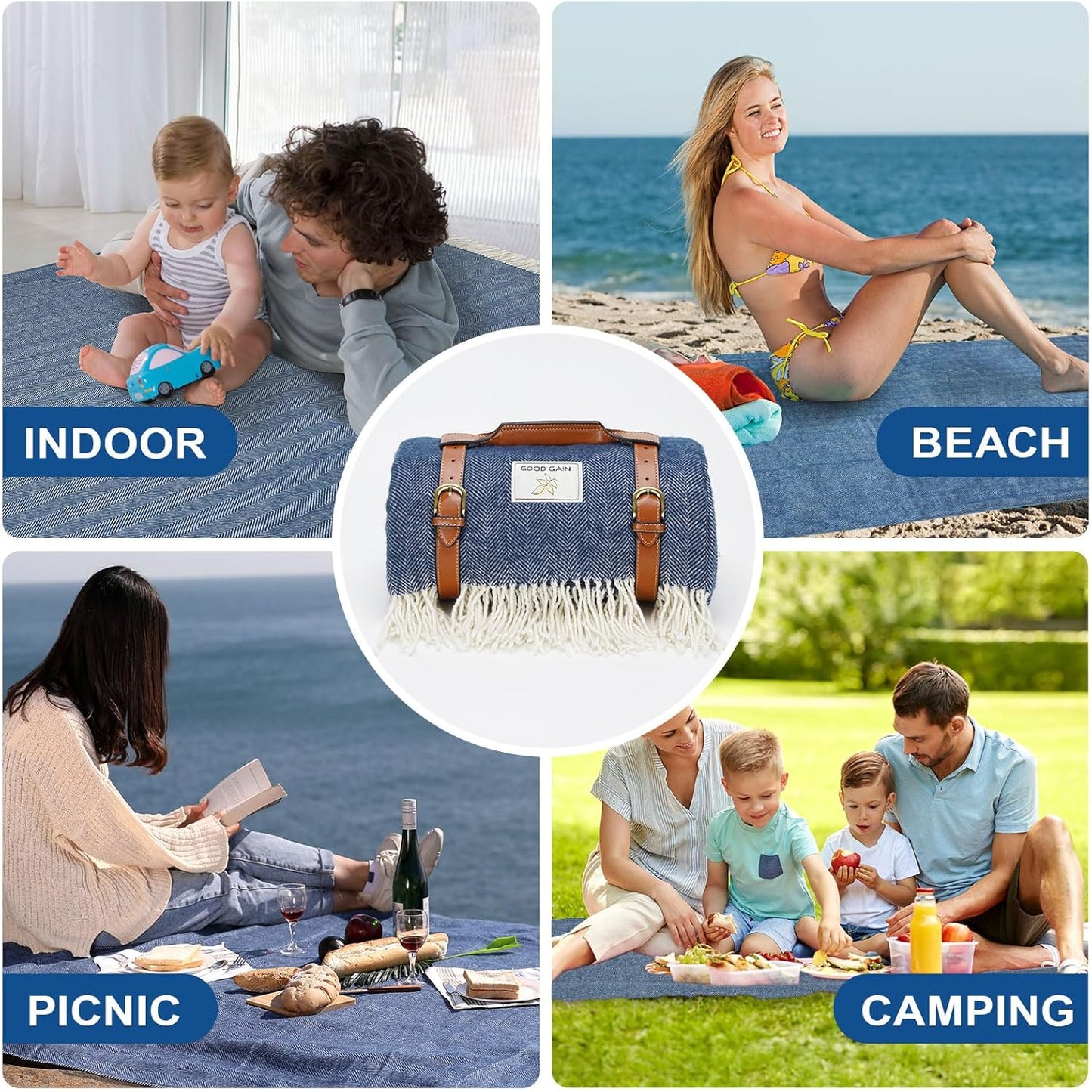 Waterproof Picnic Blankets- Extra Large Outdoor Blanket Foldable, Beach Blanket with PU Handles, Sandproof Picnic Mat for Hiking, Camping, Lawn, Park, Grass. Blue