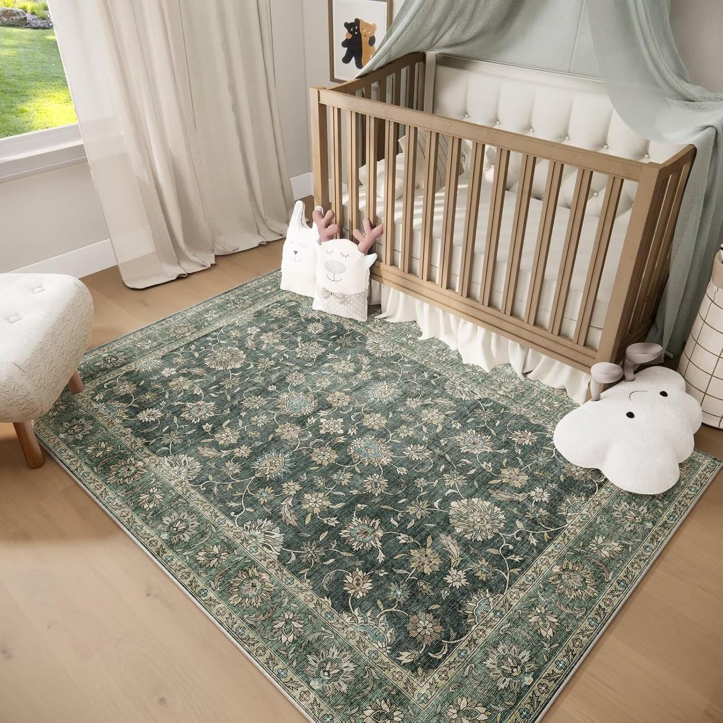 Washable 3x5 Entryway Rug Indoor, Boho Non-Slip Silicone Backing Small Rugs for Kitchen Nursery Office Bedroom, 0.3" Neutral Oriental Throw Carpet with 0.16" Cushioning Pad, Sage Green/Multi