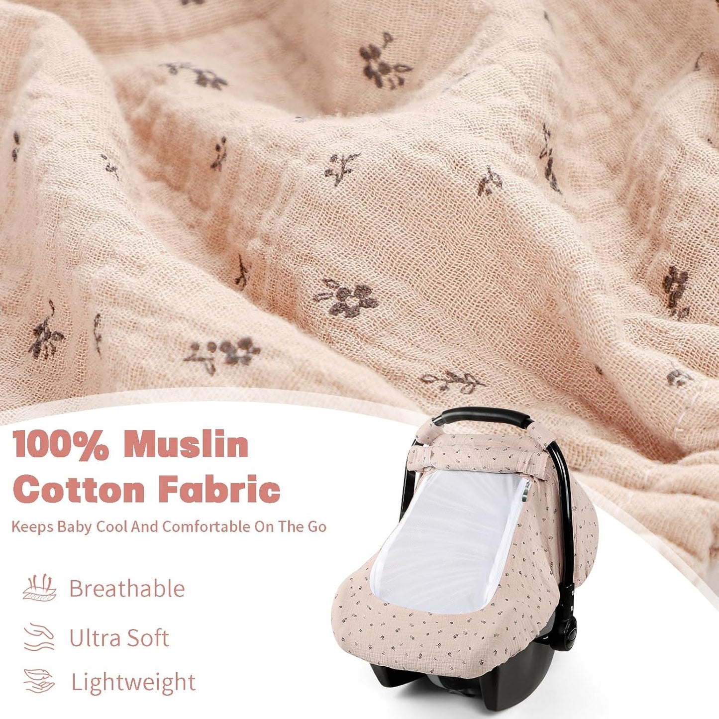 Car Seat Cover Baby, HNHUAMING Muslin Cotton Carseat Covers for Babies Girls Boys Summer Infant Car Seat Covers Canopy, Cozy Newborn Carseat Covers Stroller Cover with Breathable Mesh Window, Brown
