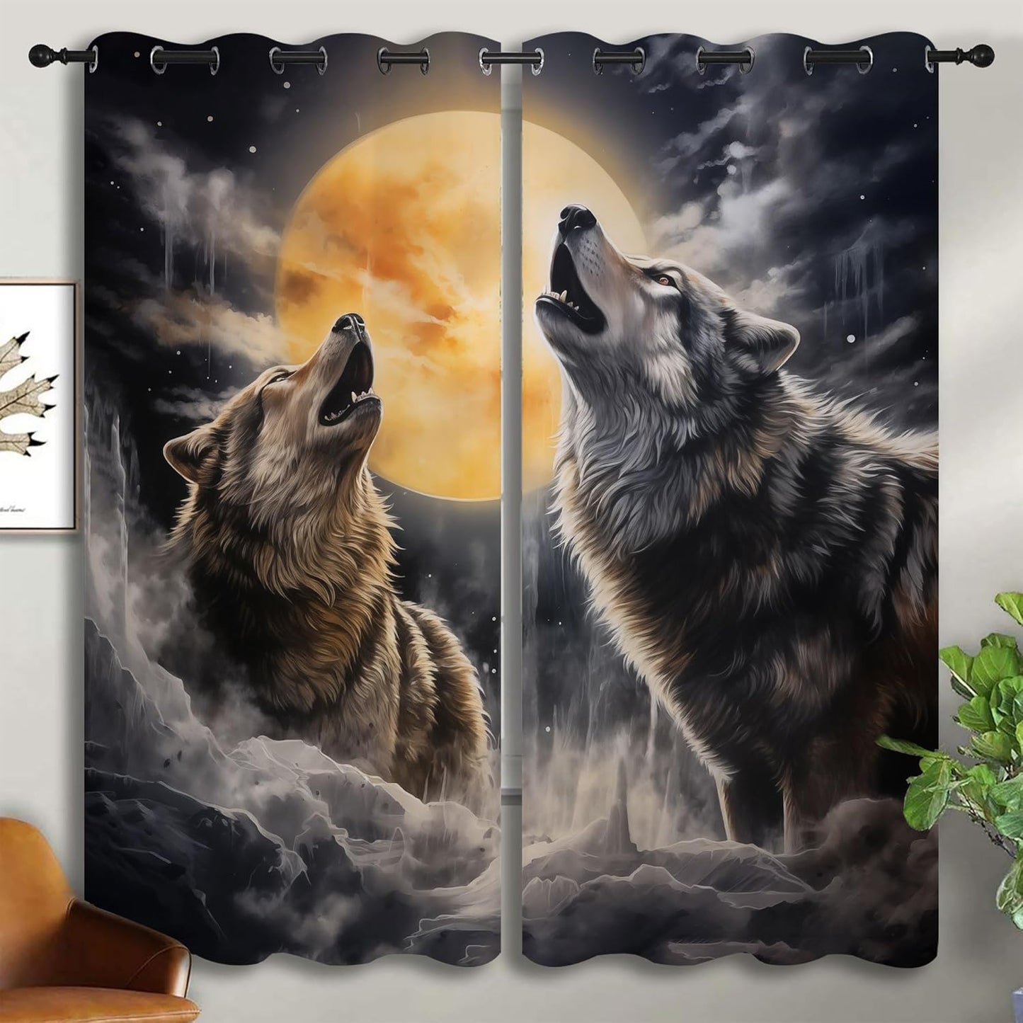 Fantasy Wolf Blackout Curtains for Boys Girl Bedroom Decor,Full Moon Starry Sky Wildlife Retro Thermal Insulated Grommet Drapes Darkening Window Curtain for Living Room Home 72x63 inch