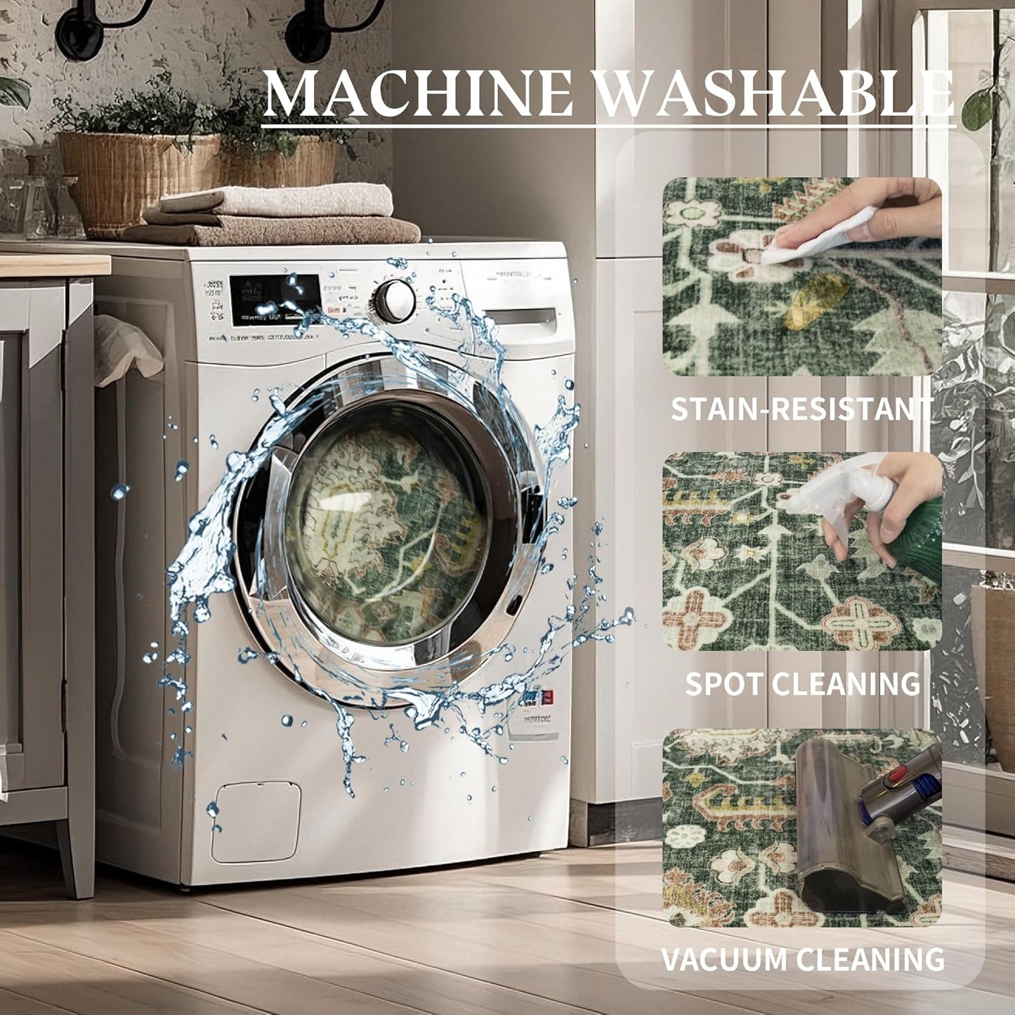 9x12 Area Rug Washable: Oriental Soft Area Rug for Living Room Bedroom No Shedding - Low Pile Thin Carpet Rug for Dining Room Non Slip - Boho Vintage Rug for Home Decor - Retro Forest Green