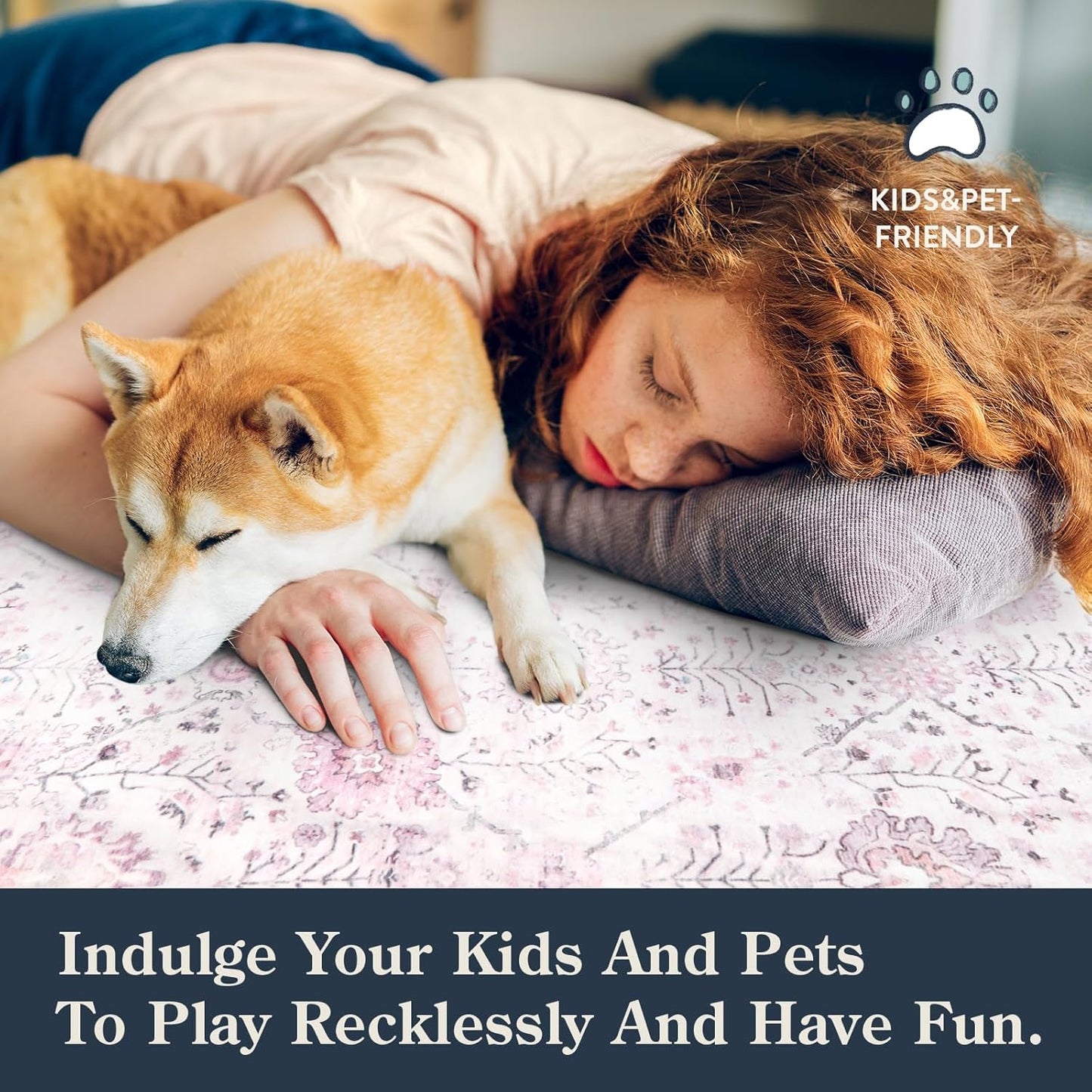 Lahome Washable Rugs 8x10, Soft Nursery Area Rug for Girls and Kids, Low Pile Boho Purple Carpet for Snug Bedroom Kids Room Classroom, Spill-Proof Non Slip Floral Fresh Simple Carpets for Living Room