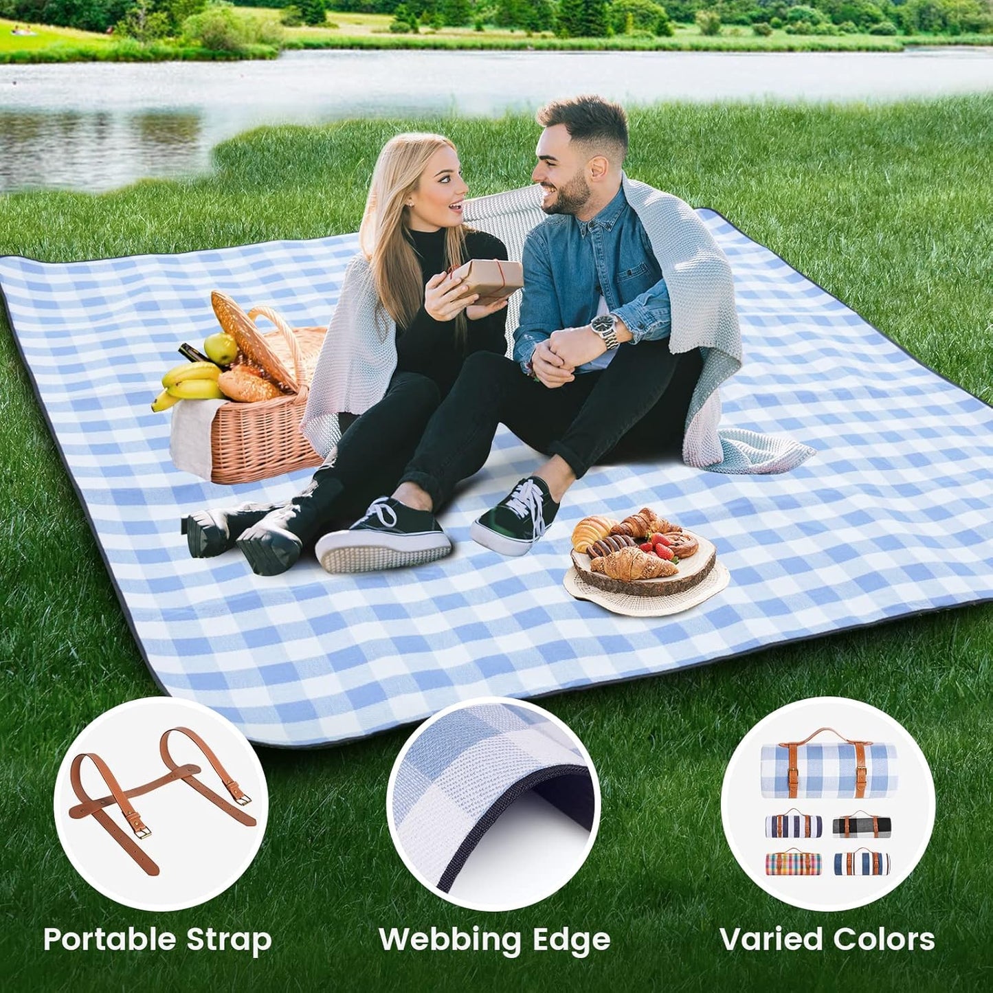 sapsisel 80”x 80” Picnic Blanket Extra Large, Waterproof and Foldable Beach Blanket, 3-Layer Outdoor Blanket for 6 to 8 Adults, for Camping, Park, Beach, Grass, Indoors…