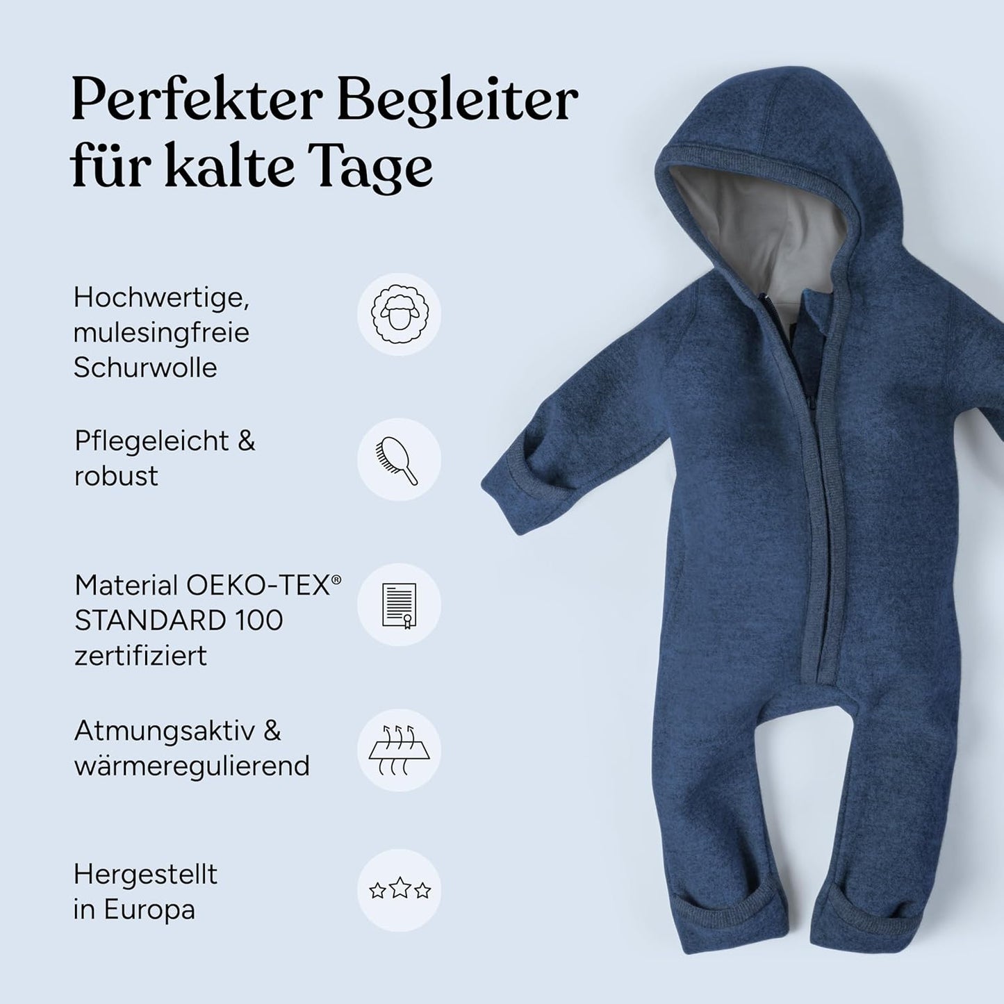 Ehrenkind® WOOLEN JUMPSUIT for Infants and Kids, Warm infant One-Piece made of natural virgin wool with zipper