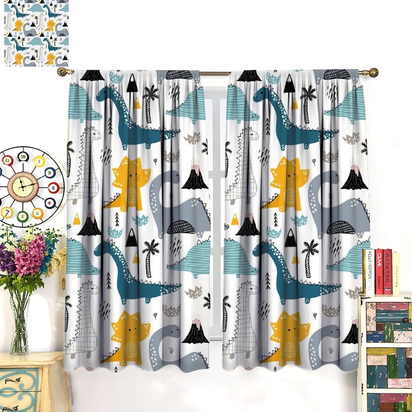 Kids Dinosaur Curtains for Boy Girl Bedroom Decor Cartoon Dino Colorful Cute Funny Wildlife Animal Printed Blackout Rod Pocket Window Drapes for Baby Nursery Playroom Living Room W27.5xL63in 2 Panels