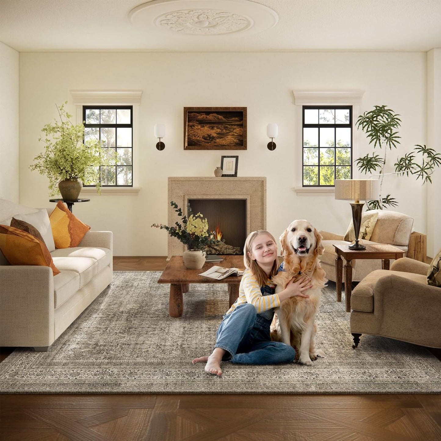 Washable Area Rugs for Living Room: 6x9 Bedroom Rug Boho Vintage Area Rug Stain Resistant Non Slip Low Pile Lightweight Soft Carpets for Dining Room Kitchen Nursery Kids Room Farmhouse