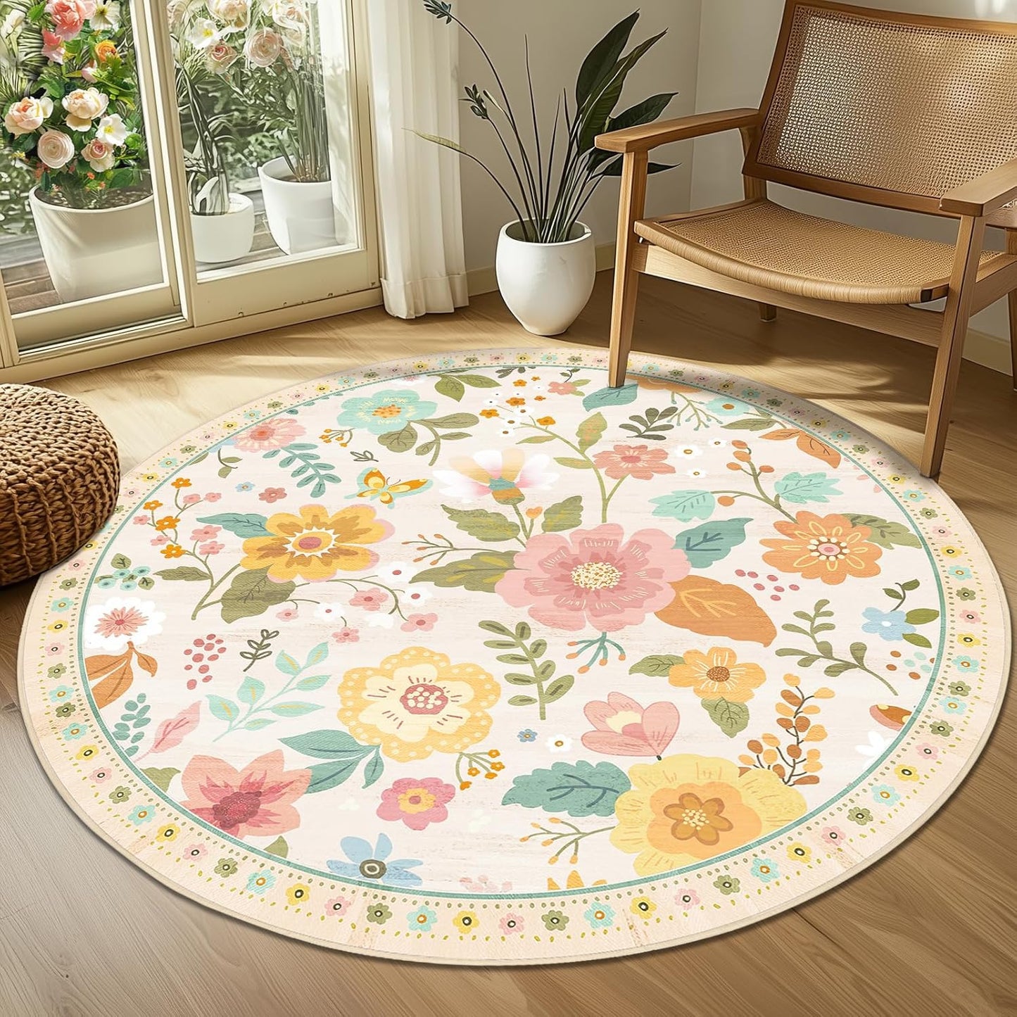 Floral 4ft Area Rug Machine Washable Soft Print Boho Carpet Non Slip Doormat Low Pile Flower Area Rugs for Living Room Bedroom Nursery Kitchen Dining Room Indoor-Beige/White/Orange