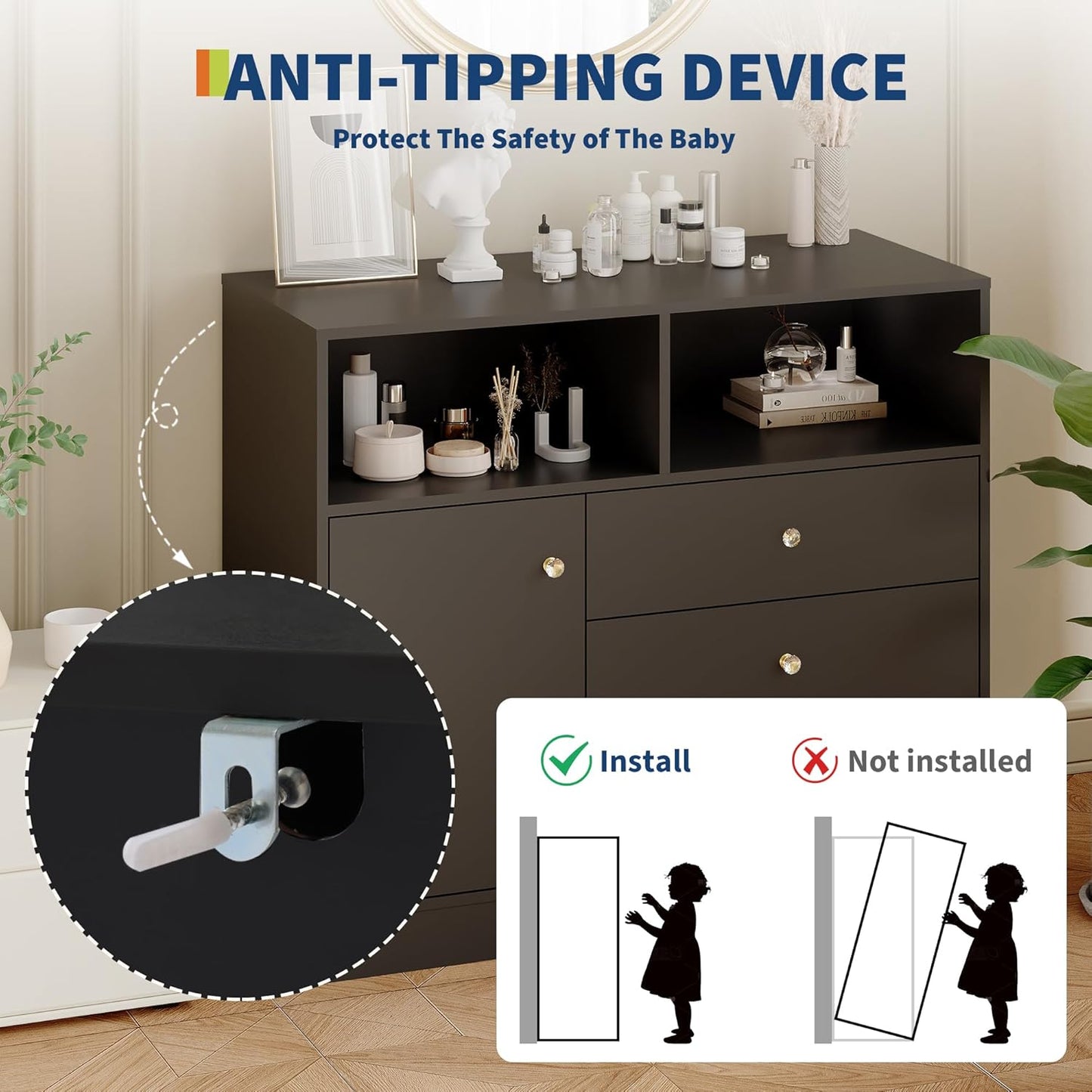 Nursery Dresser with Changing Table Top - Tall Wooden Diaper Changing Station with 2 Open Shelves, 3 Drawers, and 1 Cabinet, Ideal for Children's Room, Black