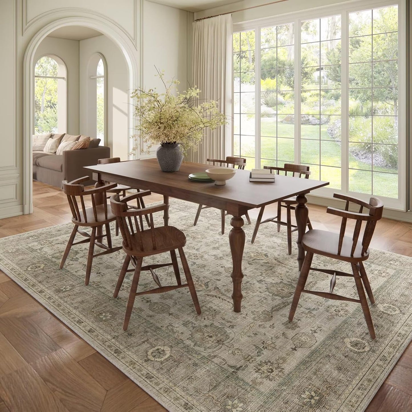 Washable 8x10 Area Rugs for Living Room, Boho Non-Slip Silicone Backing Rugs for Bedroom Dining Room Nursery Office, 0.3" Neutral Oriental Throw Carpet with 0.16" Cushioning Pad, Light Brown/Multi