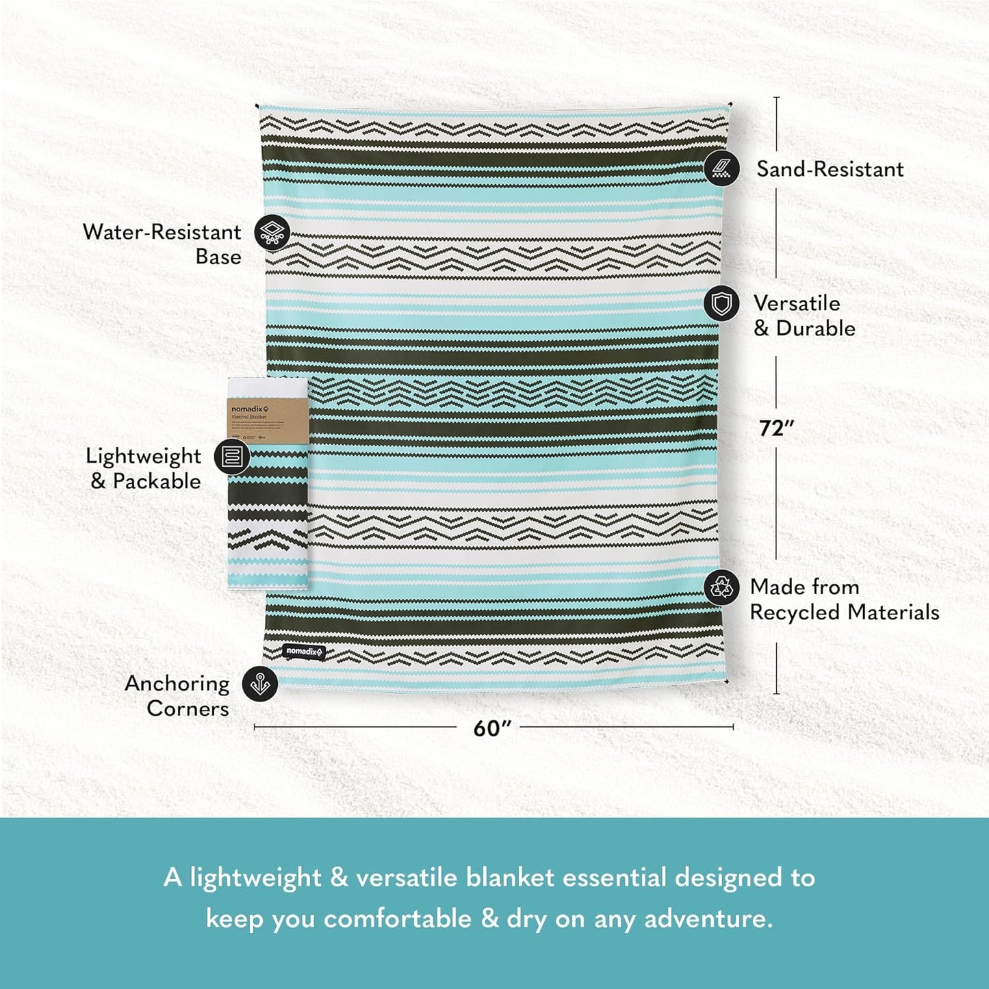 Nomadix Festival Blanket - Perfect for Picnics, Camping, & Lawn Seating - Plush Top & Water Resistant Base - Made with Post Consumer Recycled Materials - Agua Blue - 60x70 in