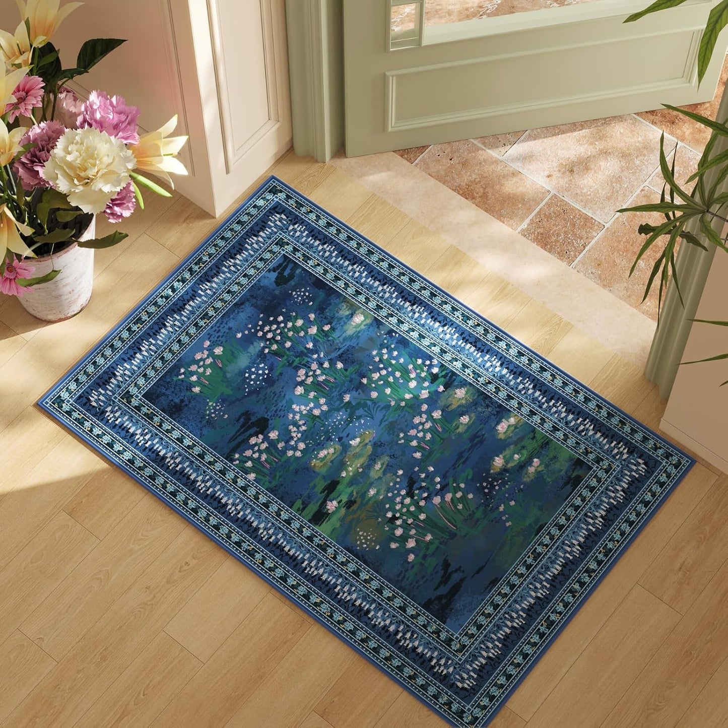 2x3 Rug Impressionist-Style Vintage Indoor Door Mat Machine Washable Small Area Rug Non-Slip Low Pile Throw Rugs for Entryway Kitchen Front Door Indoor Entrance Entry Kids Room, Blue