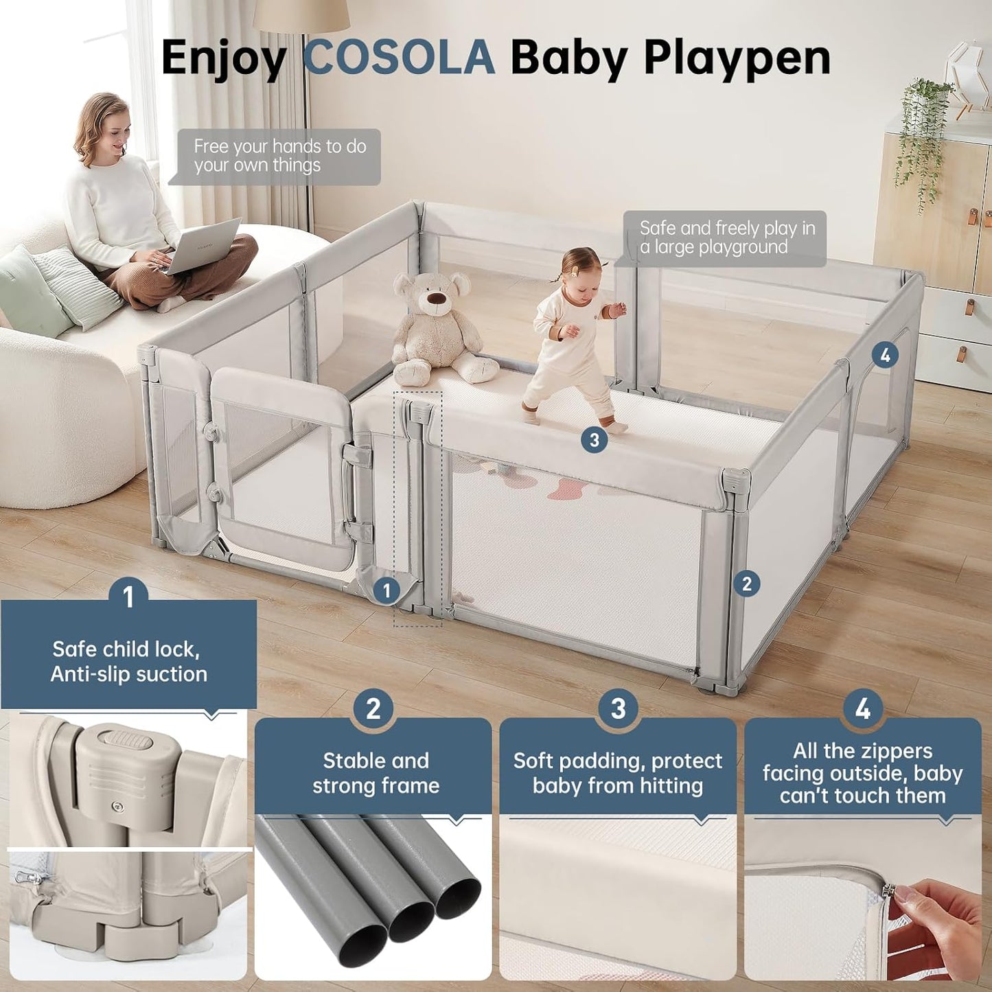 Baby Playpen,Large Play Pen for Babies and Toddlers with Door 79x71 Inch, Adjustable Playpen Non-Slip Suction Cups Base Safe and Sturdy, Indoor Outdoor Playard,Black