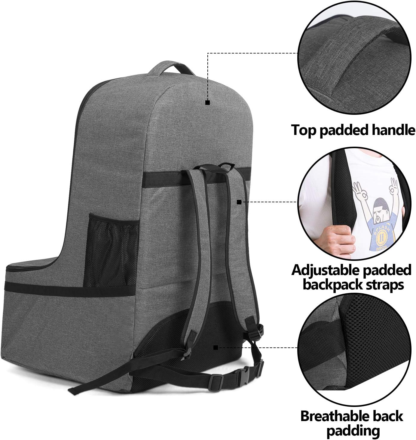 LUXJA Car Seat Travel Bag, Airplane Bag with Padded Backpack Straps and Adjustable Waist Straps for Travel (Fits Most Major Car Seat), Gray