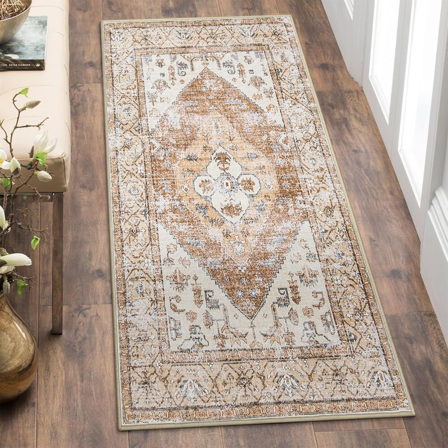 Lahome Boho 2x4 Rug Runner, Non-Slip Low-Pile Washable Kitchen Rugs Small Throw Bath Mat Runner, Oriental Accent Print Runners Area Runners for Hallway Bedroom Entryway Kitchen Living, Taupe