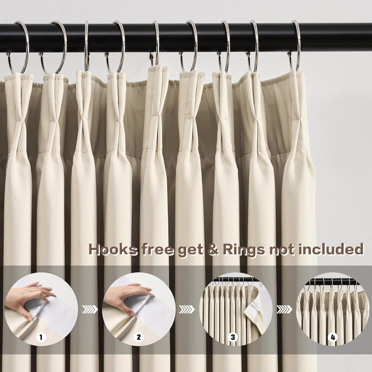 KEQIAOSUOCAI Pinch Pleated Curtains 105 Inches Long,Memory Shape Room Darkening Soundproof Window Curtains with Hooks for Bedroom Living Room Track System 100 x 105 x 2 Panels Cream Beige