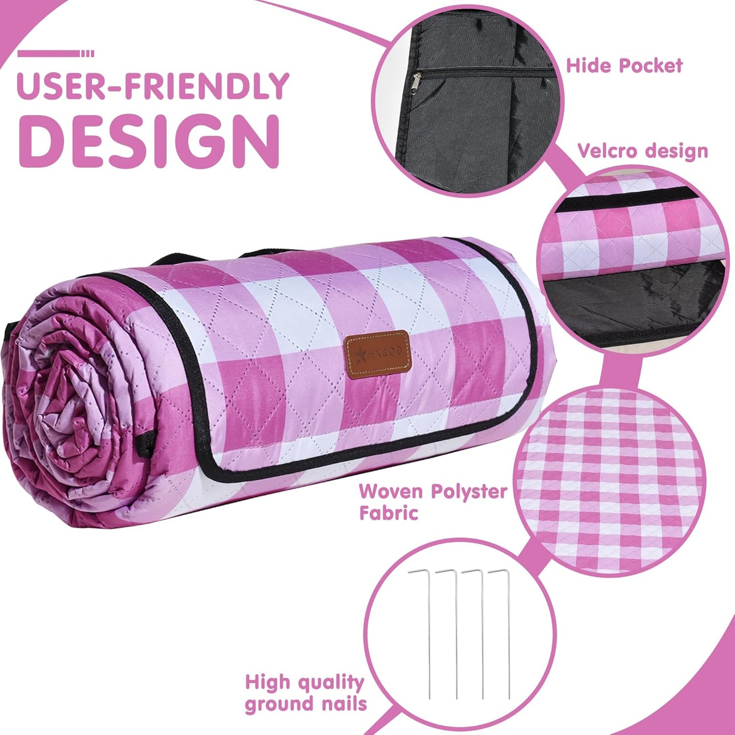 HX&OD Outdoor Picnic Blanket, Extra Large, 80''x60'' Waterproof Foldable Blankets Gingham Picnic Mat for Beach, Camping Grass Lawn Park Accessories Cute Couple Ideas Wedding (Pink, 80”x60”)