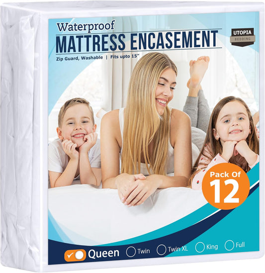 Utopia Bedding Zippered Mattress Encasement Queen Size (Pack of 12) 100% Waterproof, Dust Mite and Bed Bug Proof Mattress Protector, Absorbent 6-Sided Mattress Cover