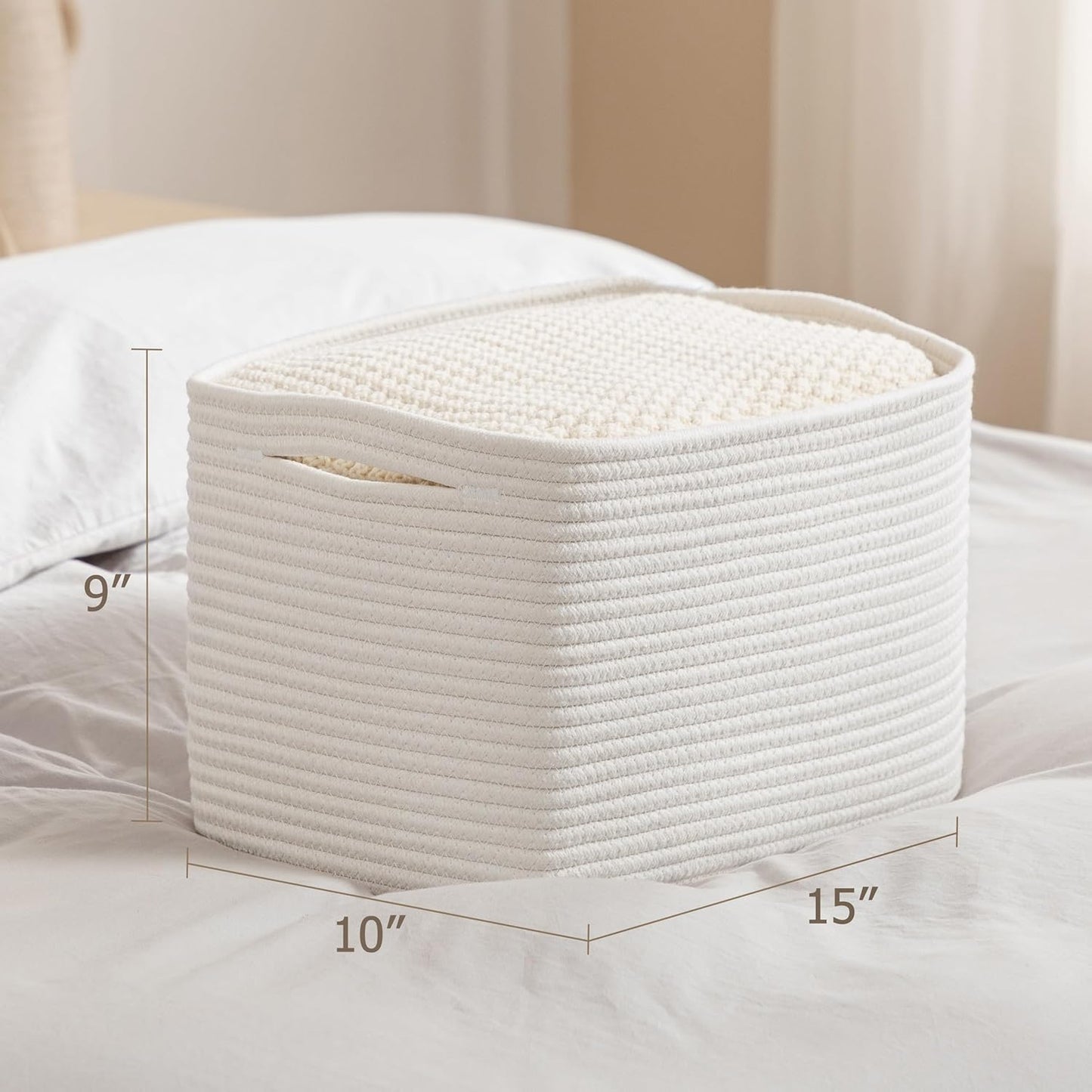 UBBCARE 4 Pack Baskets for Organizing, Woven Storage Baskets for Toys and Towel, Rectangle Cotton Rope Basket with Handles, 15''L x10''W x9''H, White