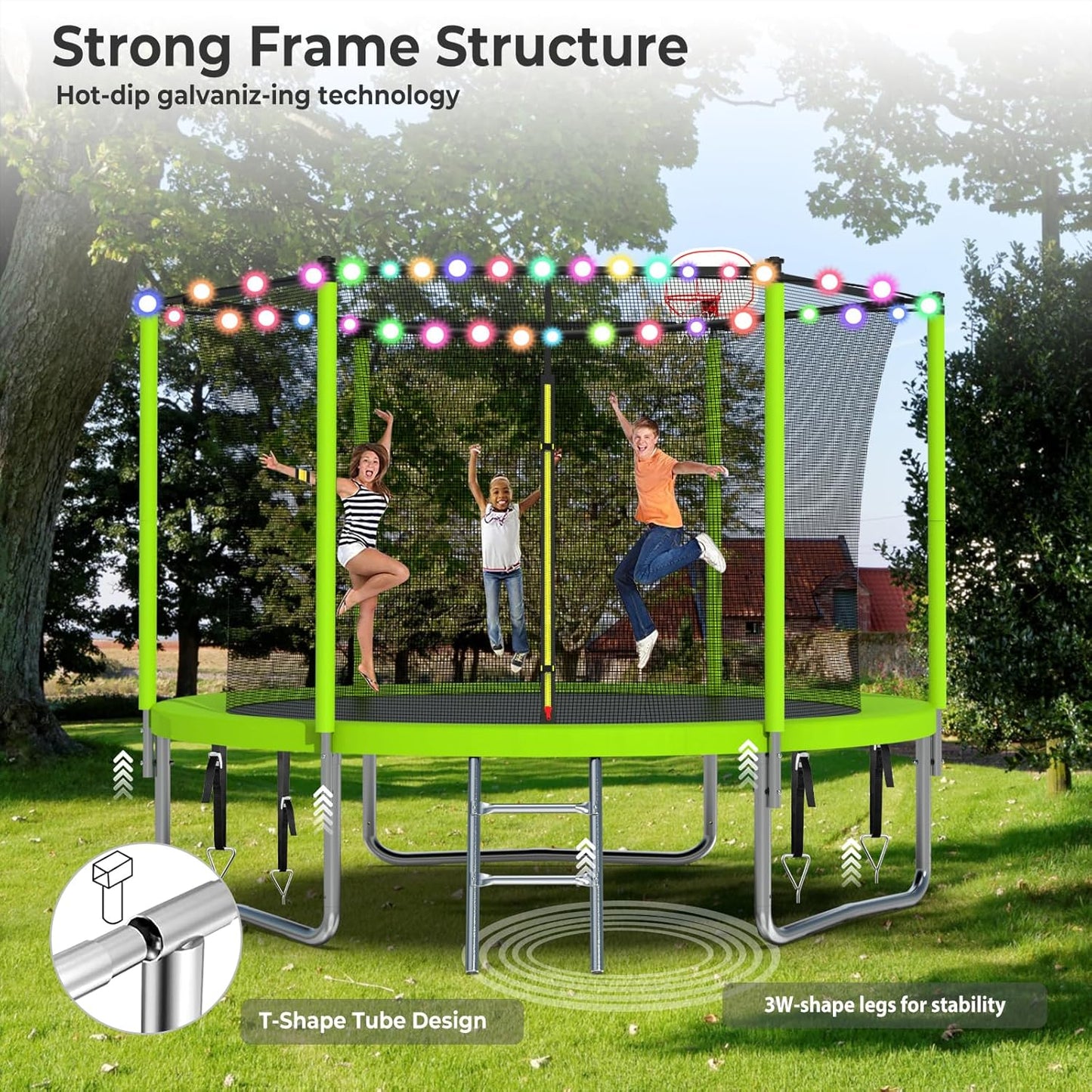 Upgraded 10/12/14/15/16FT Trampoline Outdoor, Large Kids Trampoline with Light, Stakes, Sprinkler, Backyard Trampoline with Basketball Hoop and Net, Capacity for 4-6 Kids and Adults