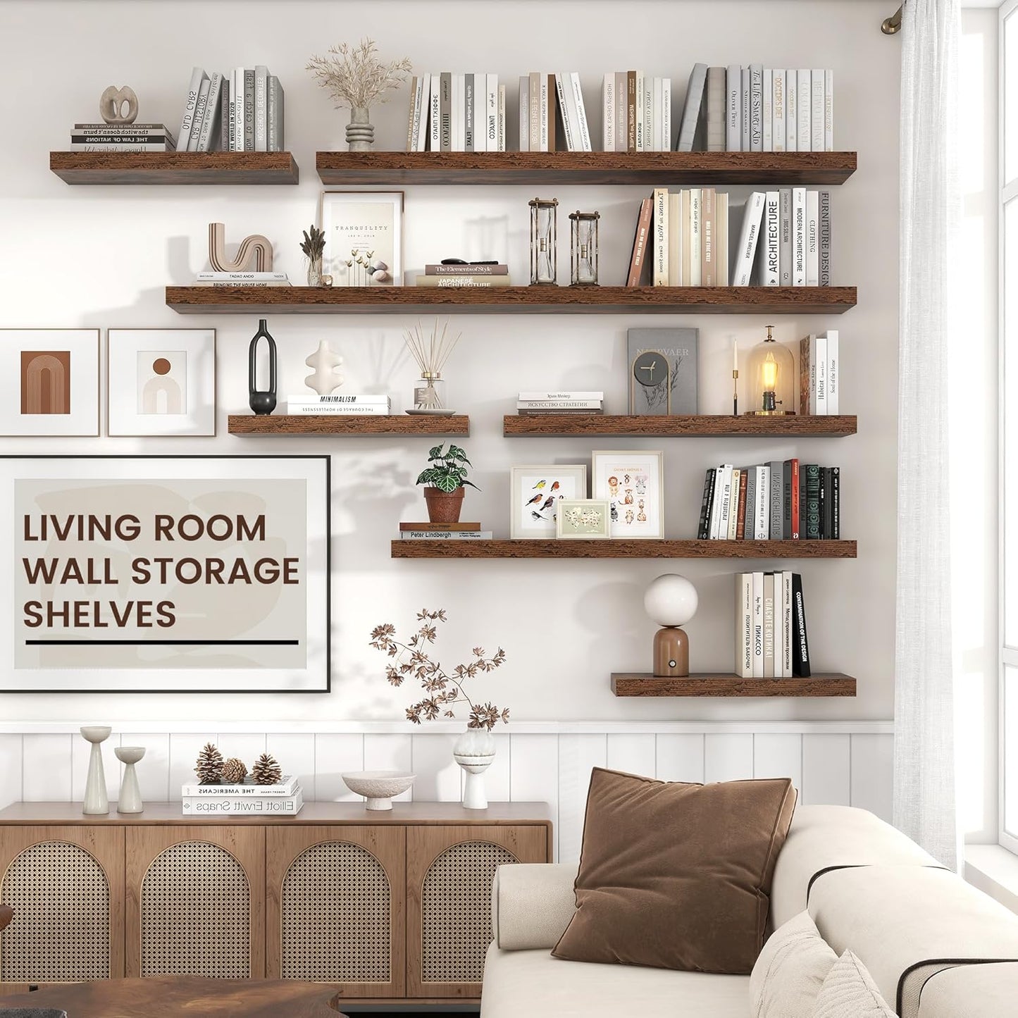 Floating Shelves - 2 Large Wall Mounted Shelves with Invisible Brackets, Long Wood Floating Wall Shelf for Living Room, Bedroom, Kitchen (Brown, 36" W x 9" D x 1.5" H)