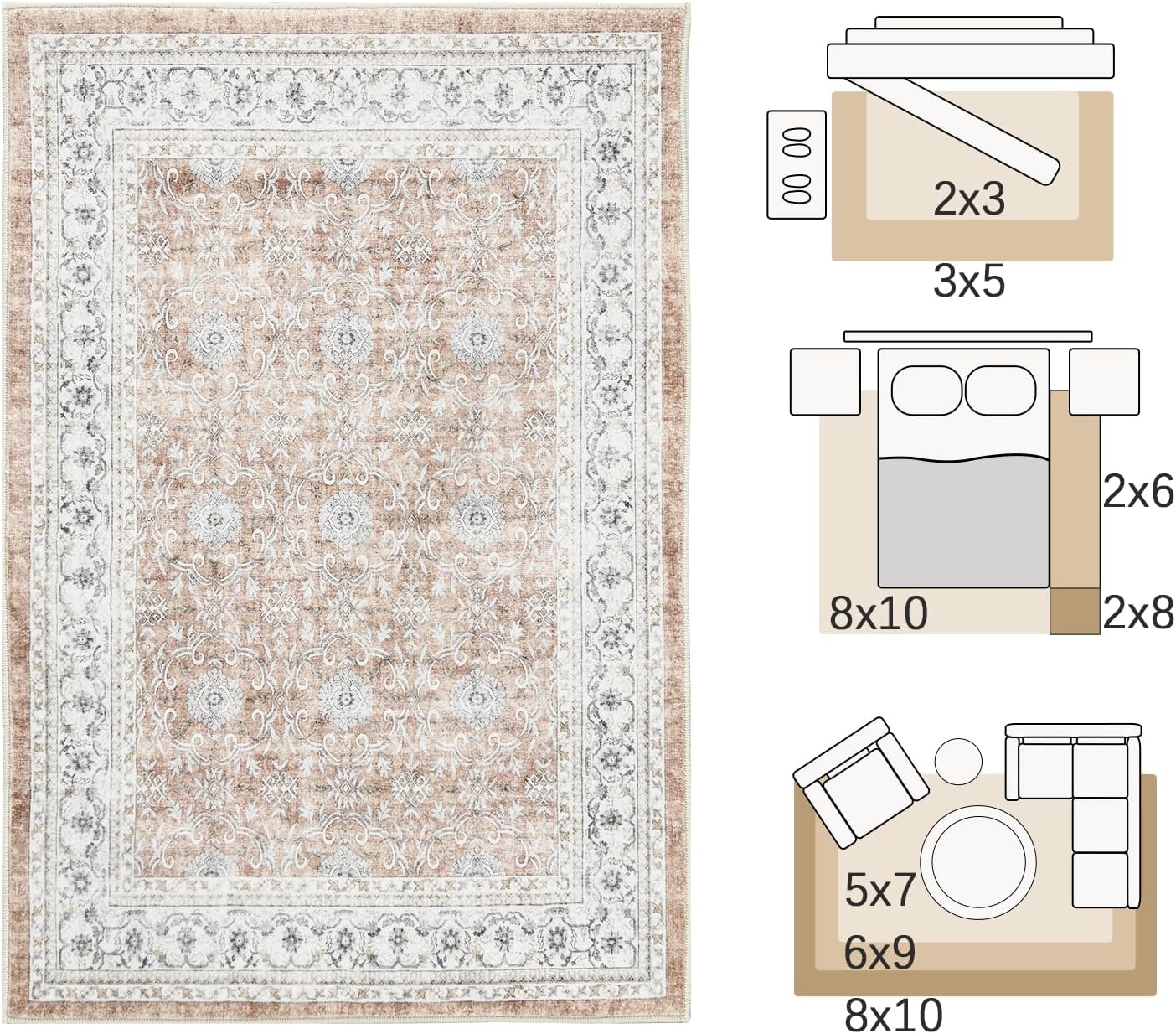 jinchan Floral 5x7 Area Rugs for Bedroom - Machine Washable Vintage Distressed Boho Design Throw Rug Stain Resistant Carpet Low-Pile Thin Non-Slip for Nursery Living Room Dining Room (5‘x7',Orange)