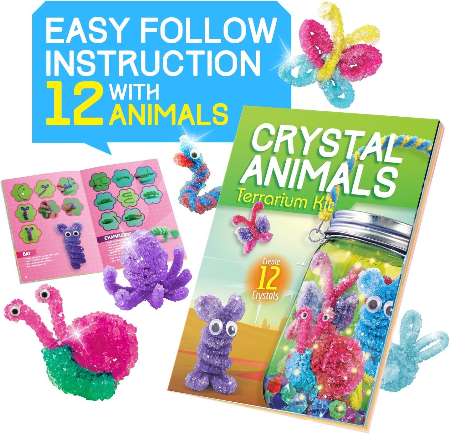 XXTOYS Crystal Growing Terrarium Kit - Crafts for Girls Ages 8-12- Create 12 Animals Science Kit for Kids - Light-Up Crystal Lantern Kit– STEM Toys for 7-12 Great Birthday Gifts for Boys & Girls