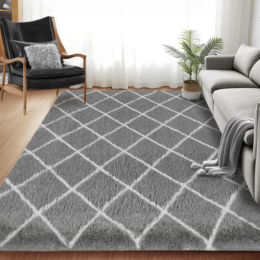 Fluffy Rug for Bedroom, 5X7Feet Stripe Checkered Rug Anti-Skid High Pile for Living Room Bedroom Kids Room Nursery, Dorm Home Decor