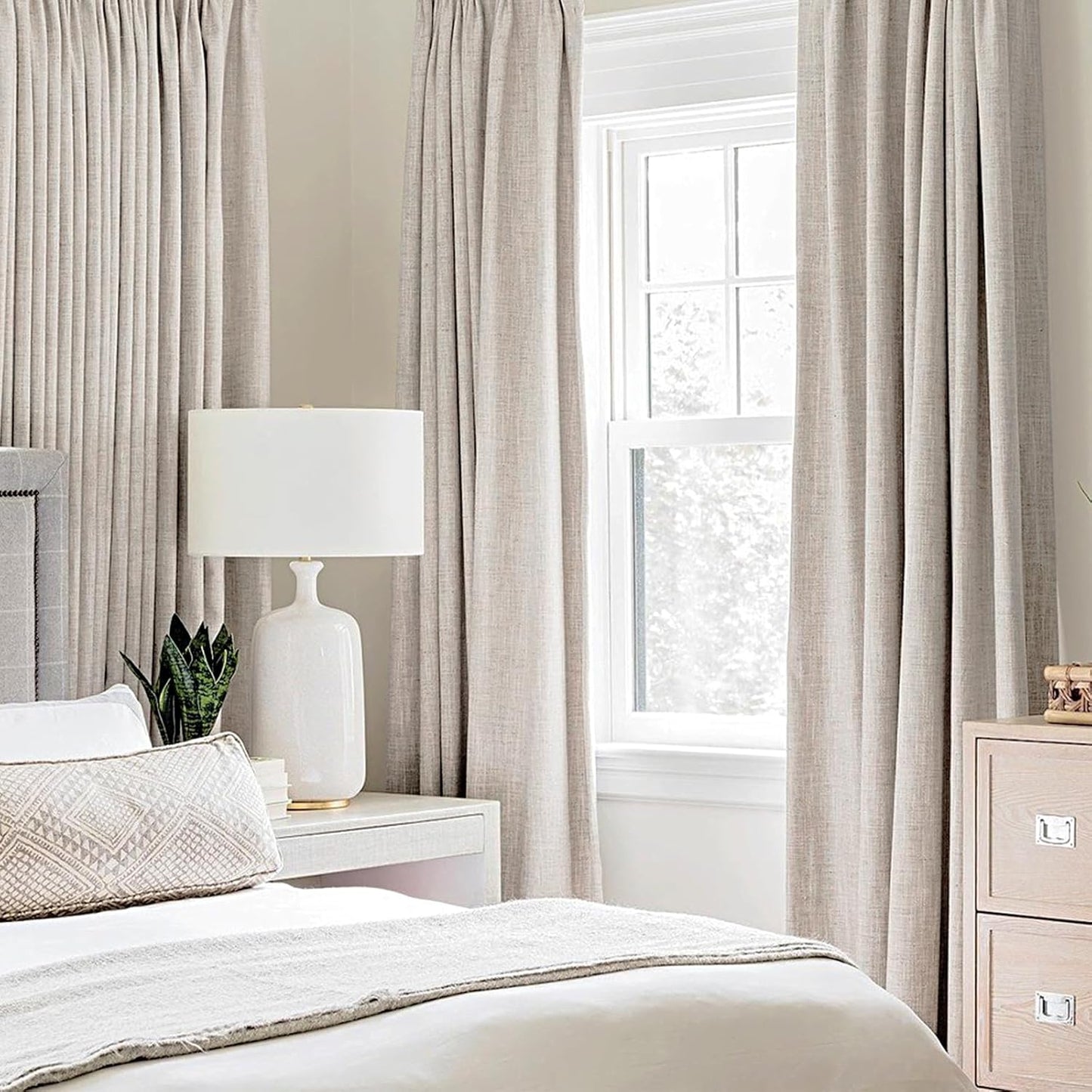 MIULEE 100% Blackout Linen Textured Curtains for Bedroom Solid Thermal Insulated Ivory Grommet Room Darkening Curtains & Drapes Luxury Decor for Living Room Nursery 52 x 84 Inch (2 Panels)