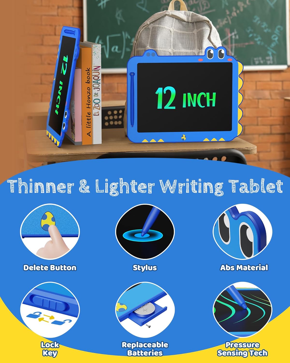 TEKFUN LCD Writing Tablet for Kids, 12 Inch Doodle Board for Toddlers, Colorful Drawing Tablet, Reusable Electronic Pads Educational and Learning Toys Gifts for 3-13 Year Old Boy and Girl (Blue)