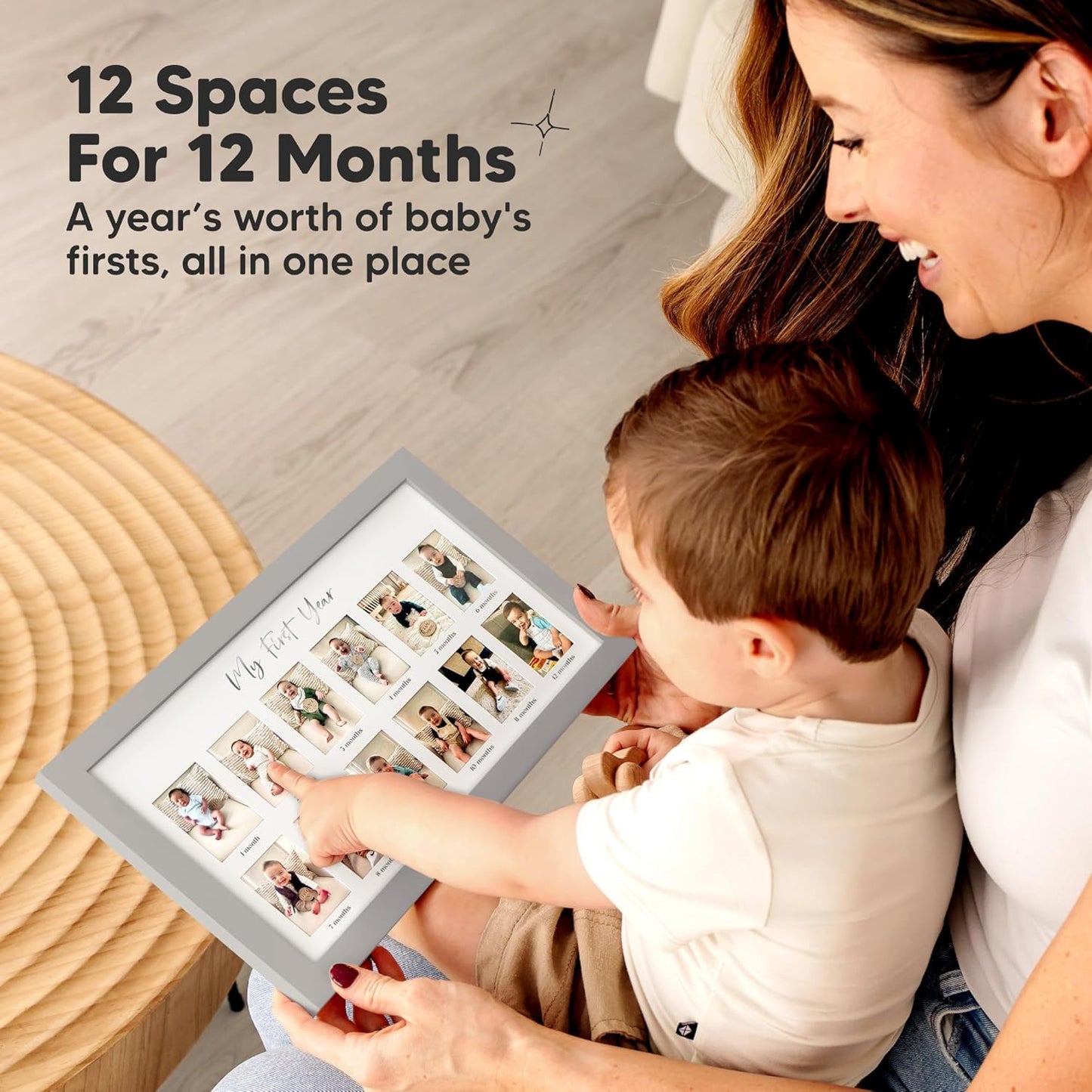 My First Year Photo Frame,12 Months Baby Picture Frame for Newborn Girl, Boy-Baby Shower Gifts Keepsakes,Monthly Baby's One Year Birthday Milestone,1st Nursery Photo Collage Display Board (Cloud Gray)