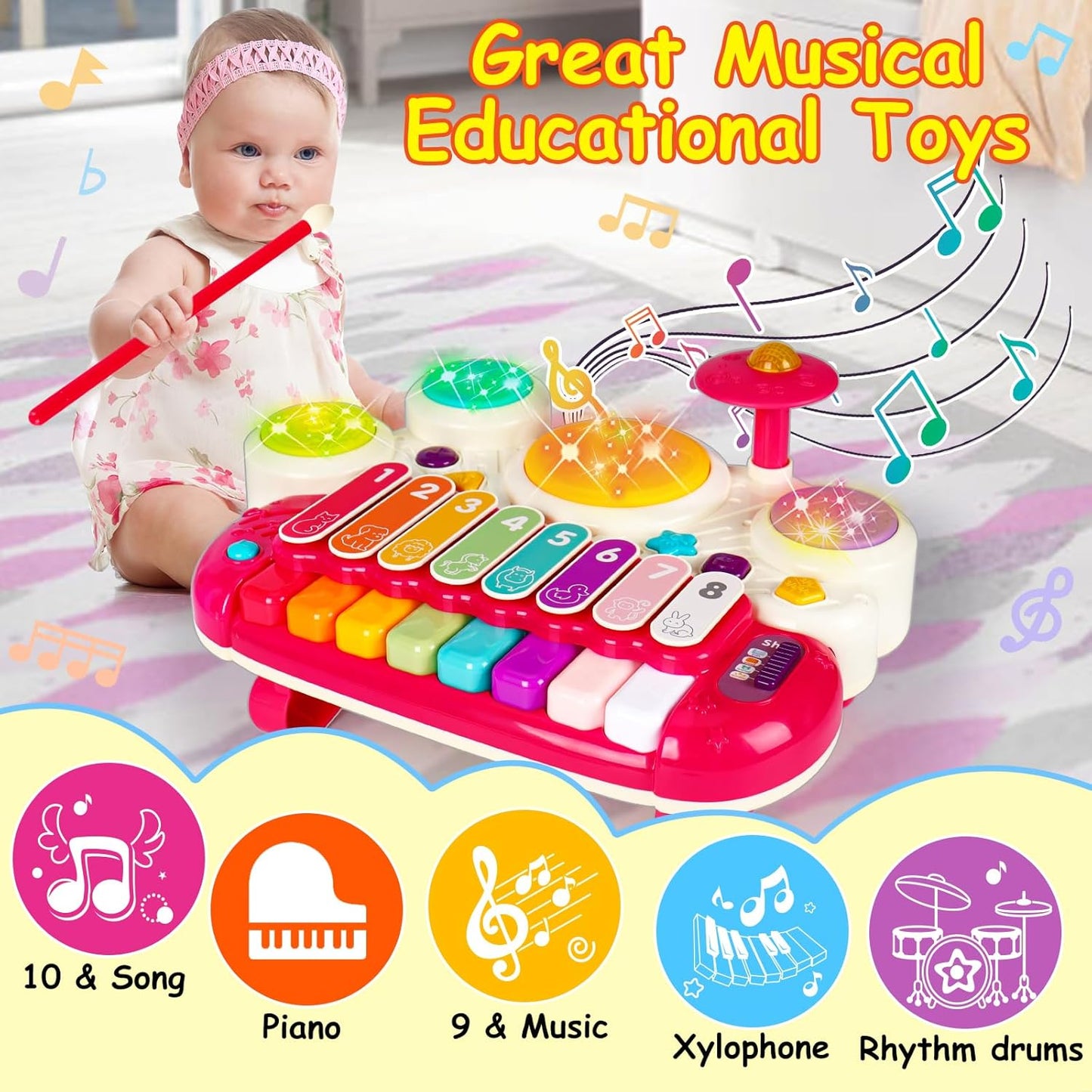 3 in 1 Musical Toys for Toddlers 1-3 Piano Xylophone Drum Set Toys for 1 2 3 Year Old Girls Birthday Music Instruments Baby Learning Developmental Sensory Toys Toddler Toys Age 1-2 2-3