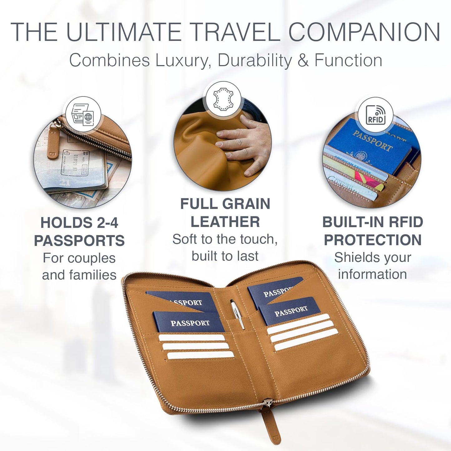 Full Grain Leather Family Passport Holder for 2-4 Passports - RFID Passport Holder and Travel Document Organizer - Large Leather Travel Wallet for Couples and Families - Camel