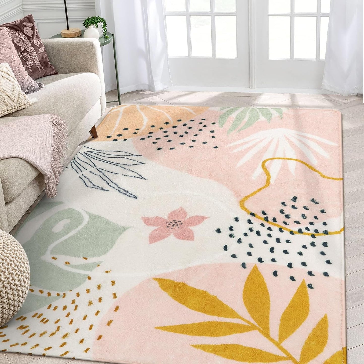 Lahome Pink Carpet for Living Room - 4x6 Area Rug for Bedroom Washable Non-Slip Boho Rug Throw Cute Soft Nursery Kids Rug, Abstract Botanical Print Indoor Rugs for Kitchen Entryway Laundry Dining Room