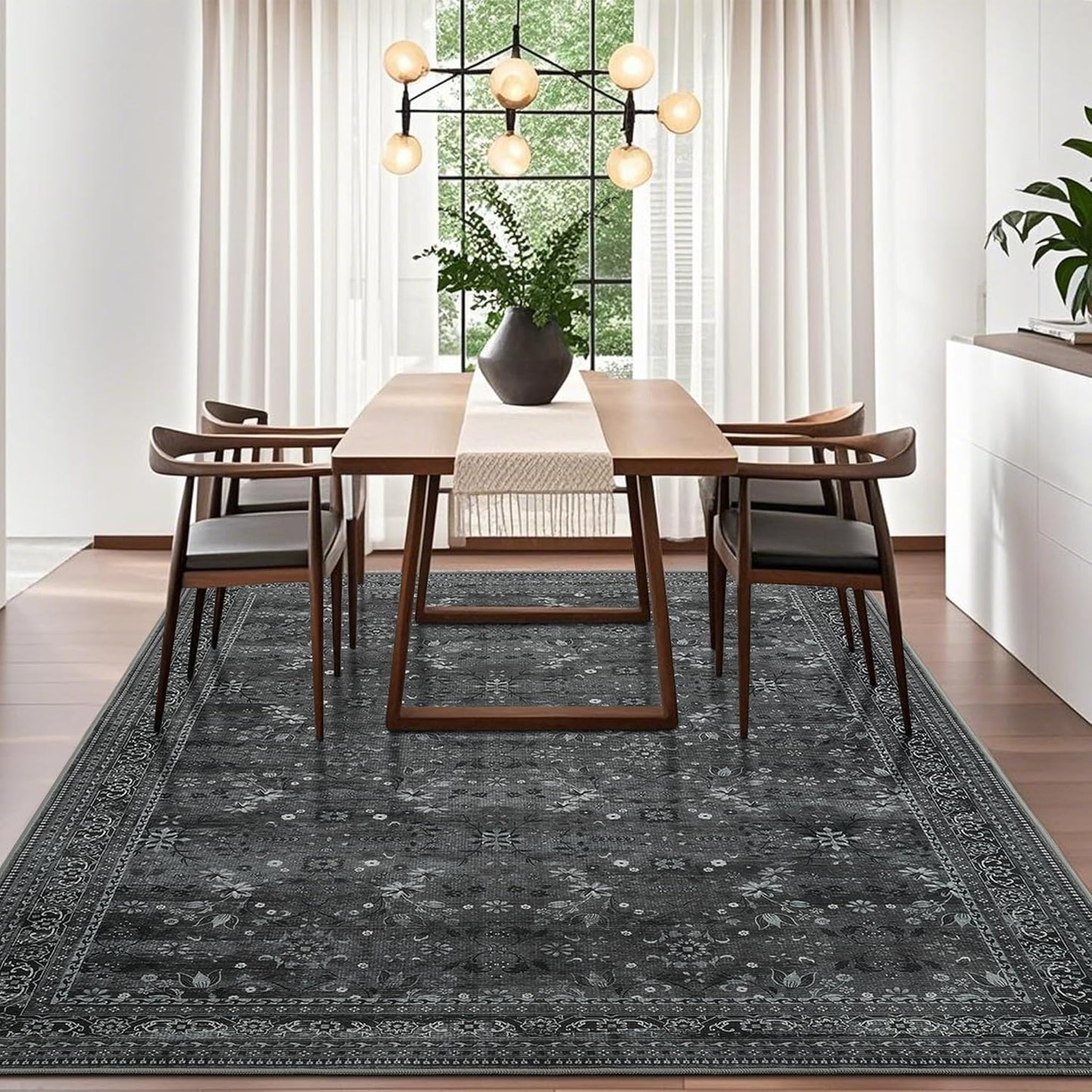 5x7 Machine Washable Area Rug for Living Room Bedroom, Vintage Kitchen Rugs Non Slip, Traditional Indoor Floor Floral Print Carpet for Dining Room, Farmhouse, Office Classroom Black/Gray