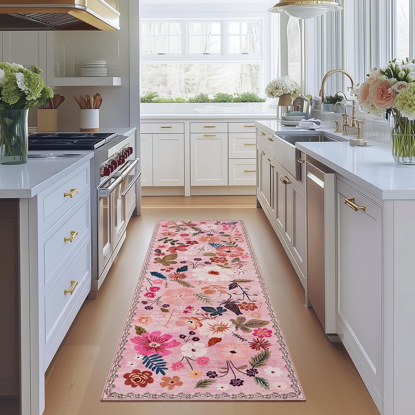 Pink Runner Rug 2x6 for Kitchen Machine Washable Non Slip with Rubber Backing Boho Vintage Floral Carpet Soft Stain Resistant Thin Long Rugs for Entrance Hallways Laundry Bedside Bathroom Girly Decor