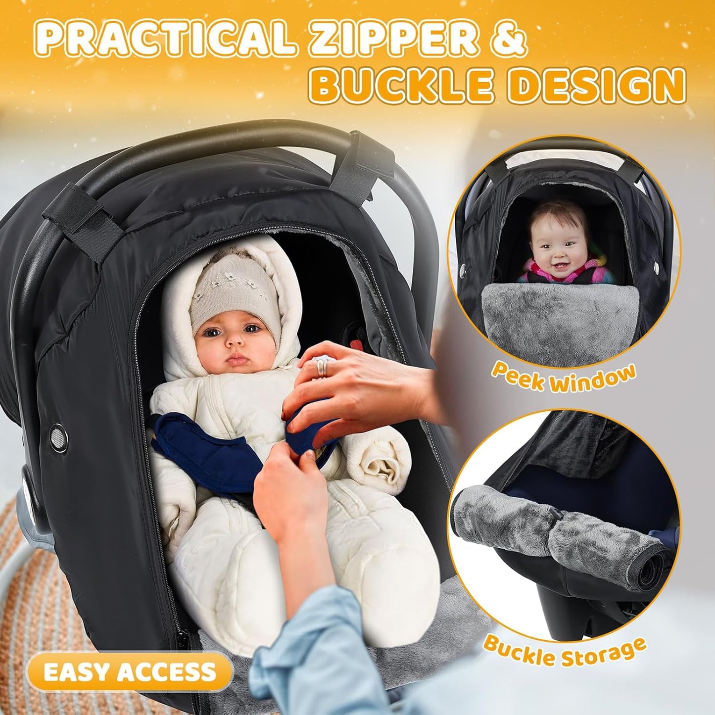 Orzbow Baby Car Seat Cover, Winter Carseat Cover with Zipper Access, Rain, Snow and Wind Proof, Side Breathable, Compatible with Doona Car Seats and Strollers, Newborn Essentials Carrier Canopy, Black