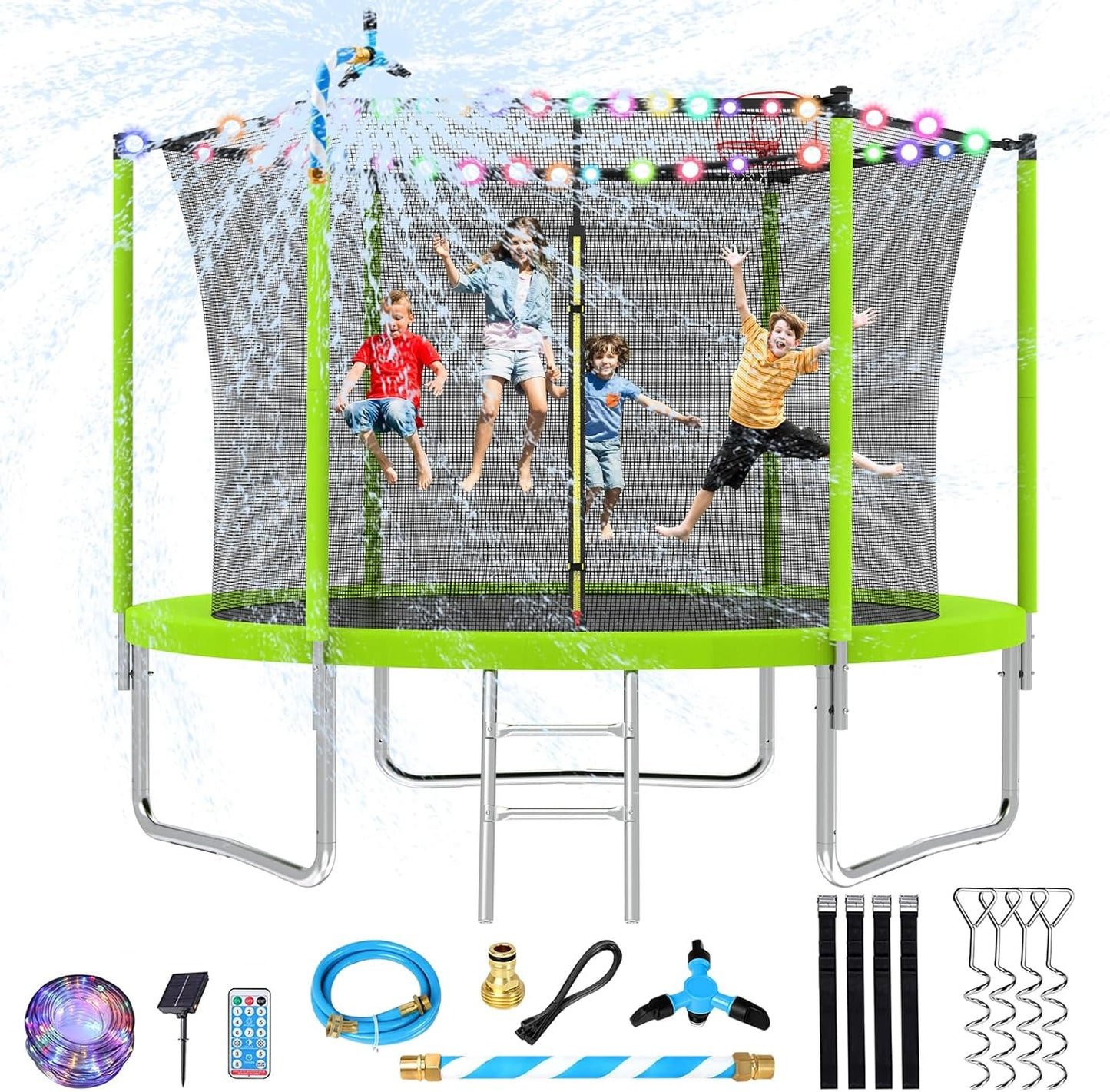 Upgraded 10/12/14/15/16FT Trampoline Outdoor, Large Kids Trampoline with Light, Stakes, Sprinkler, Backyard Trampoline with Basketball Hoop and Net, Capacity for 4-6 Kids and Adults