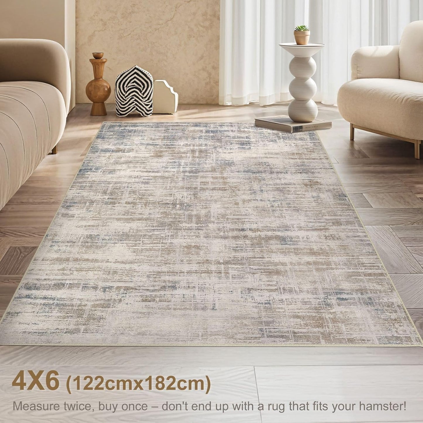 Area Rug for Living Room: 4x6 Washable Neutral Abstract Modern Soft Rugs Non Slip Indoor Floor Stain Resistant Carpet for Bedroom Dining Room Office Nursery - Brown