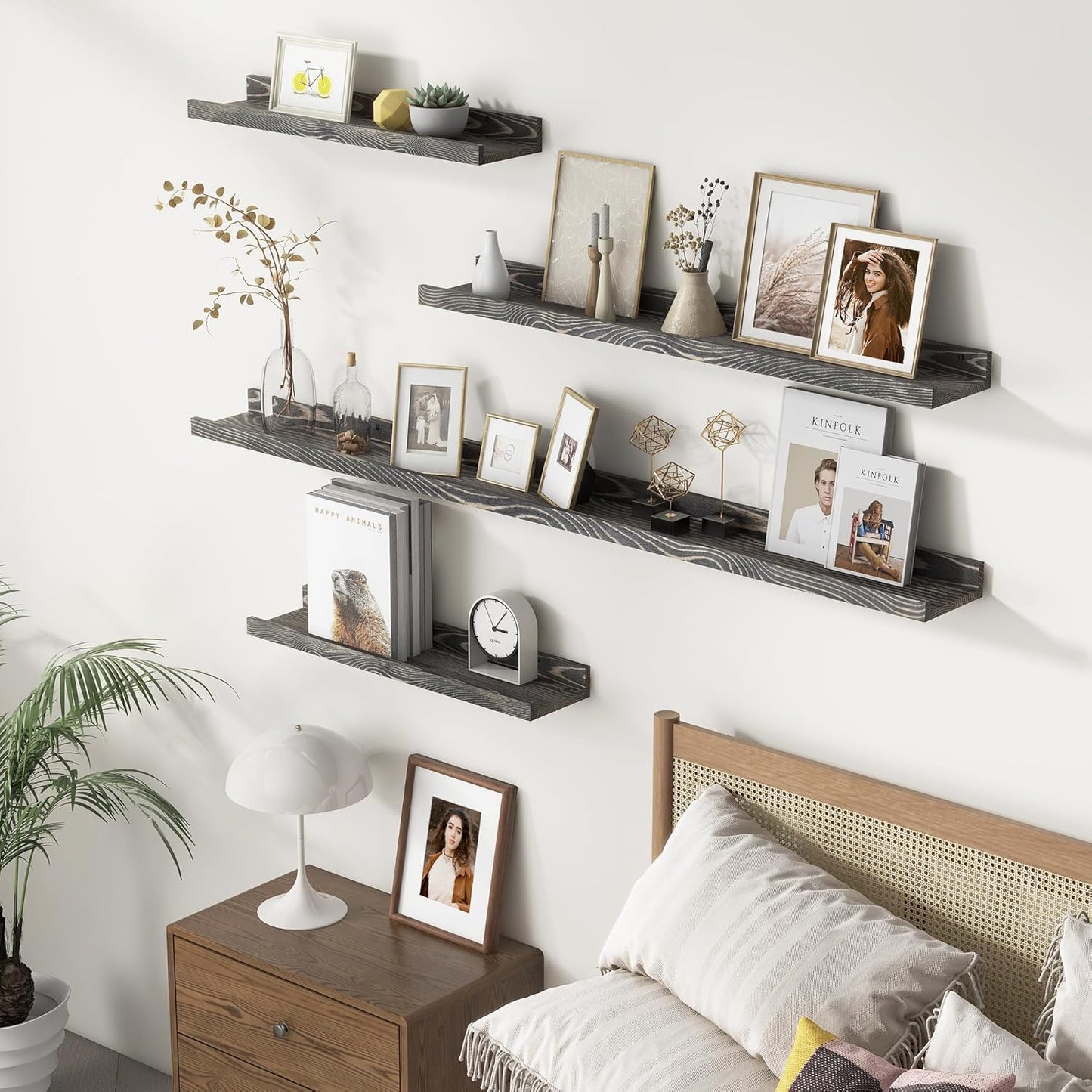 Picture Ledge Wall Shelves - 36 Inch Width Set of 3, Solid Pine Wood Rustic Floating Ledge Shelves for Kids' Room, Bedroom, Kitchen, Bathroom, Living Room, Nursery Display Wall Decor, Grey