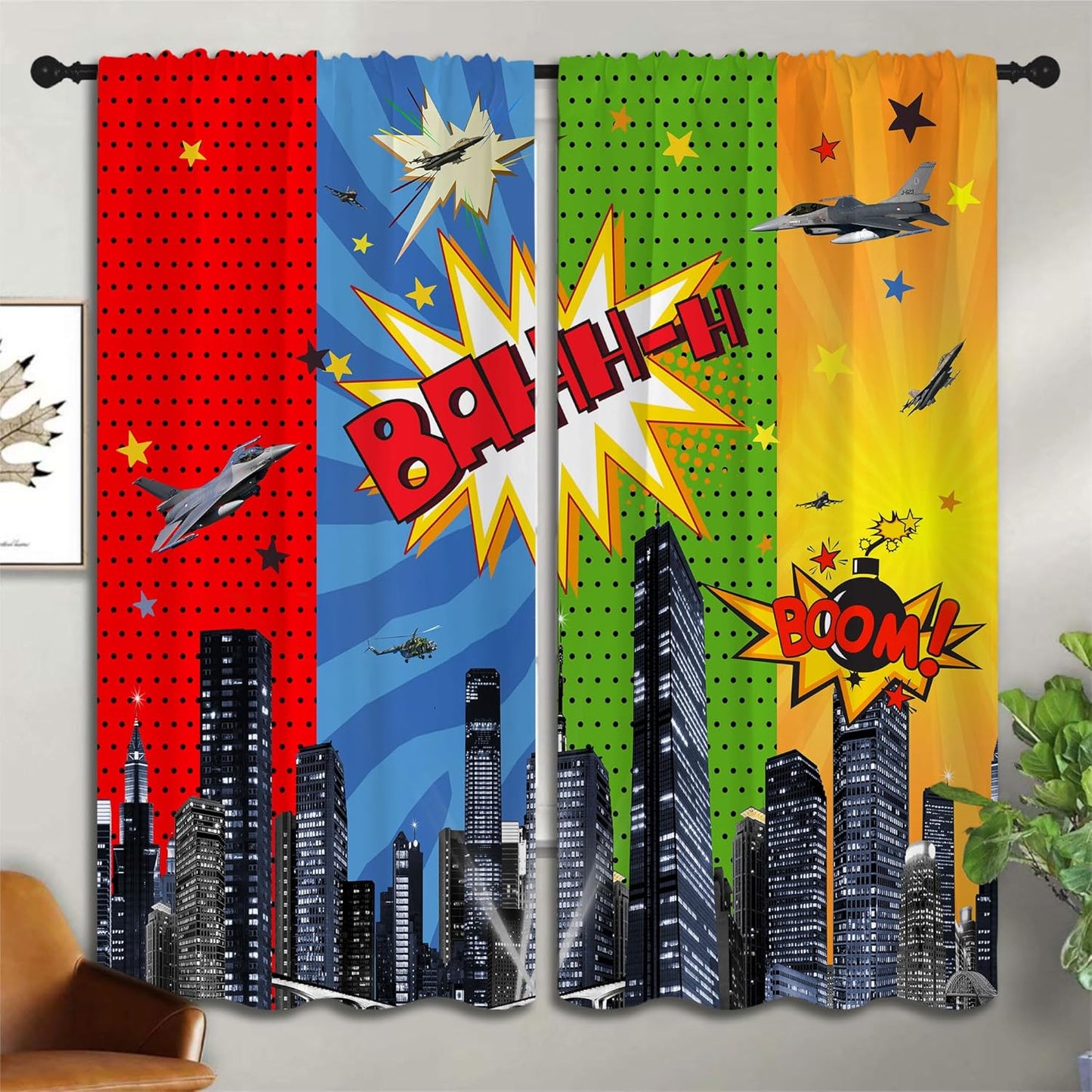 Superhero Rod Pocket Blackout Curtains for Boy Girl Bedroom, City War Explosion Comics Art Thermal Insulated Home Window Drapes for Living Room Darkening, 72x63 inch