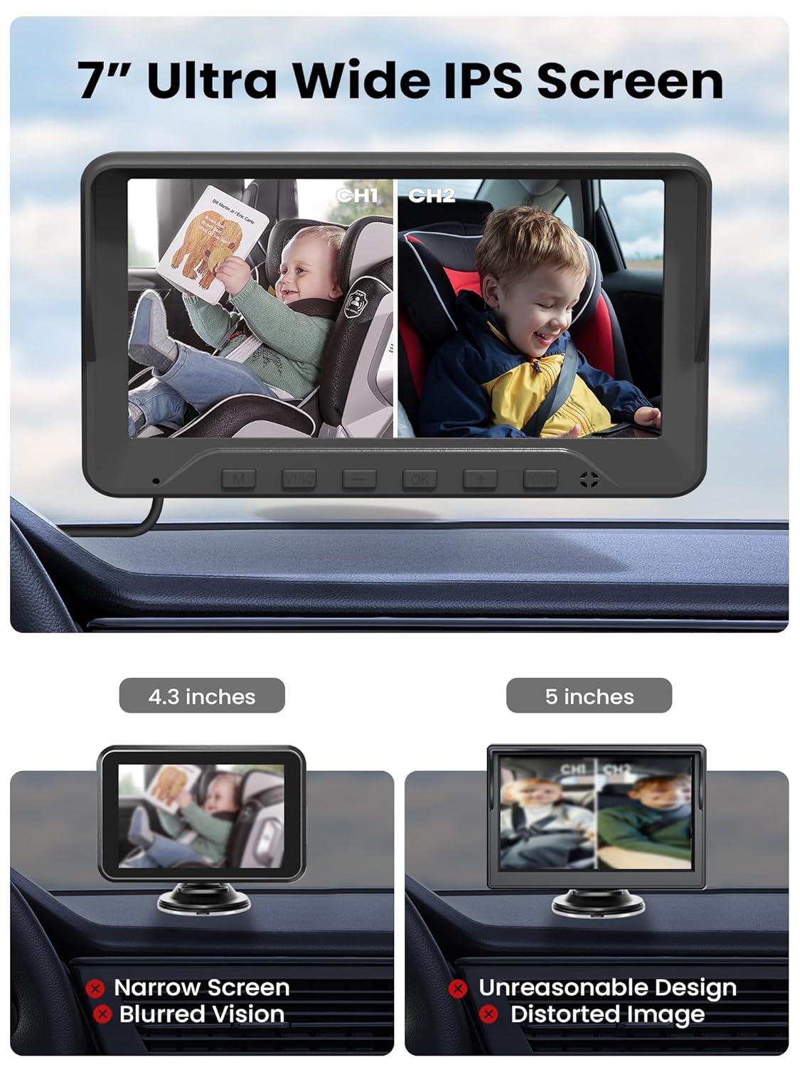 GROWNSY Dual Car Camera Baby Monitor, 7" 1080P AHD Car Camera for 2kids, Backseat Mirror for Baby Rear Facing with Infrared Night Vision, Easily Observe Baby's Every Move
