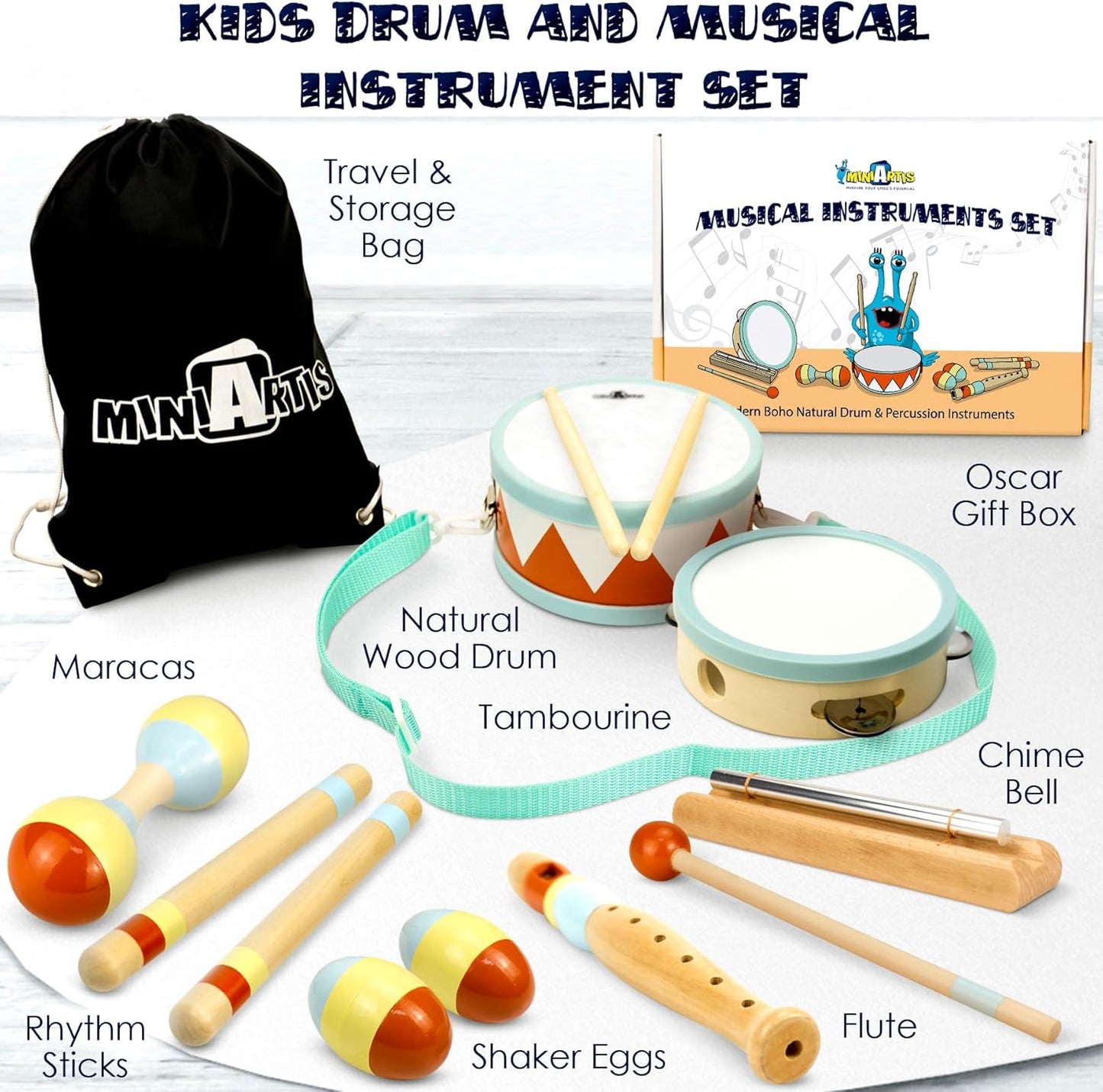 MINIARTIS Toddler Musical Instruments - Montessori Wooden Musical Toys for Toddlers 1-3 | Modern Boho Baby Drum Set with Neutral Colors Percussion Instruments | Kids Preschool Educational 3+