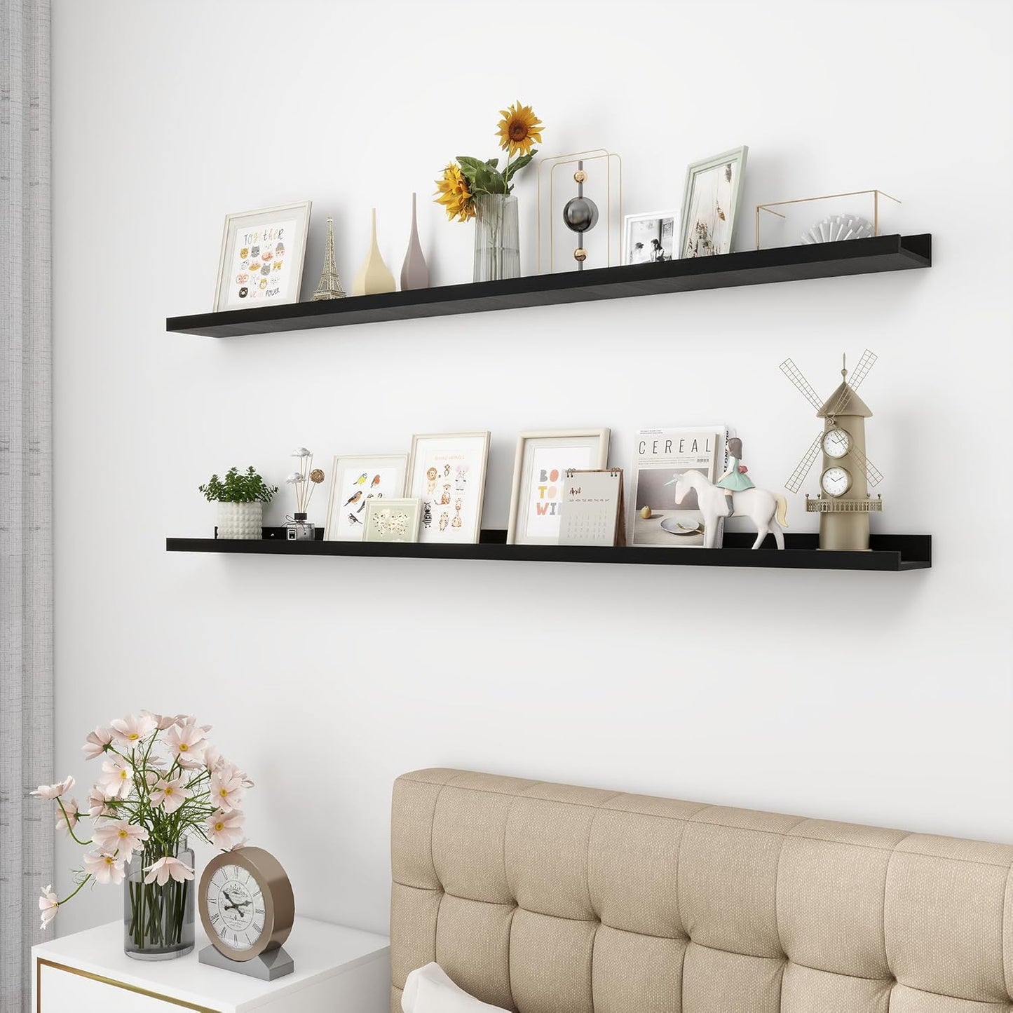 Picture Ledge Shelf, Wood Long Floating Shelves for Wall, Set of 2, 56 inch Picture Ledge Shelves, Photo Ledge Nursery Book Shelves Wall Mounted for Living Room Kids' Room Bedroom, Color Black
