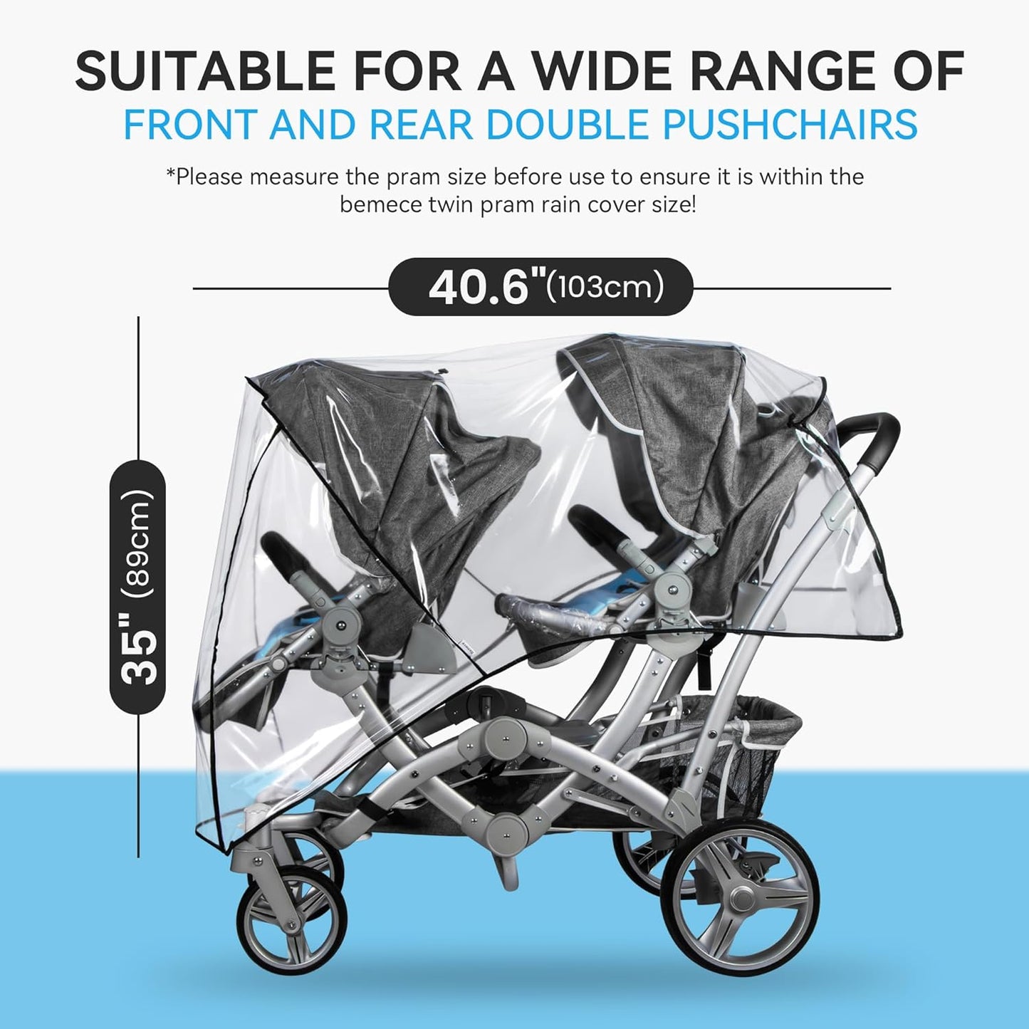 bemece Double Stroller Rain Cover, Weather Shield Double Stroller for Front and Rear Seats Twin Stroller, Baby Outdoor Activities Accessories, Protects Children from Rain, Snow, Wind