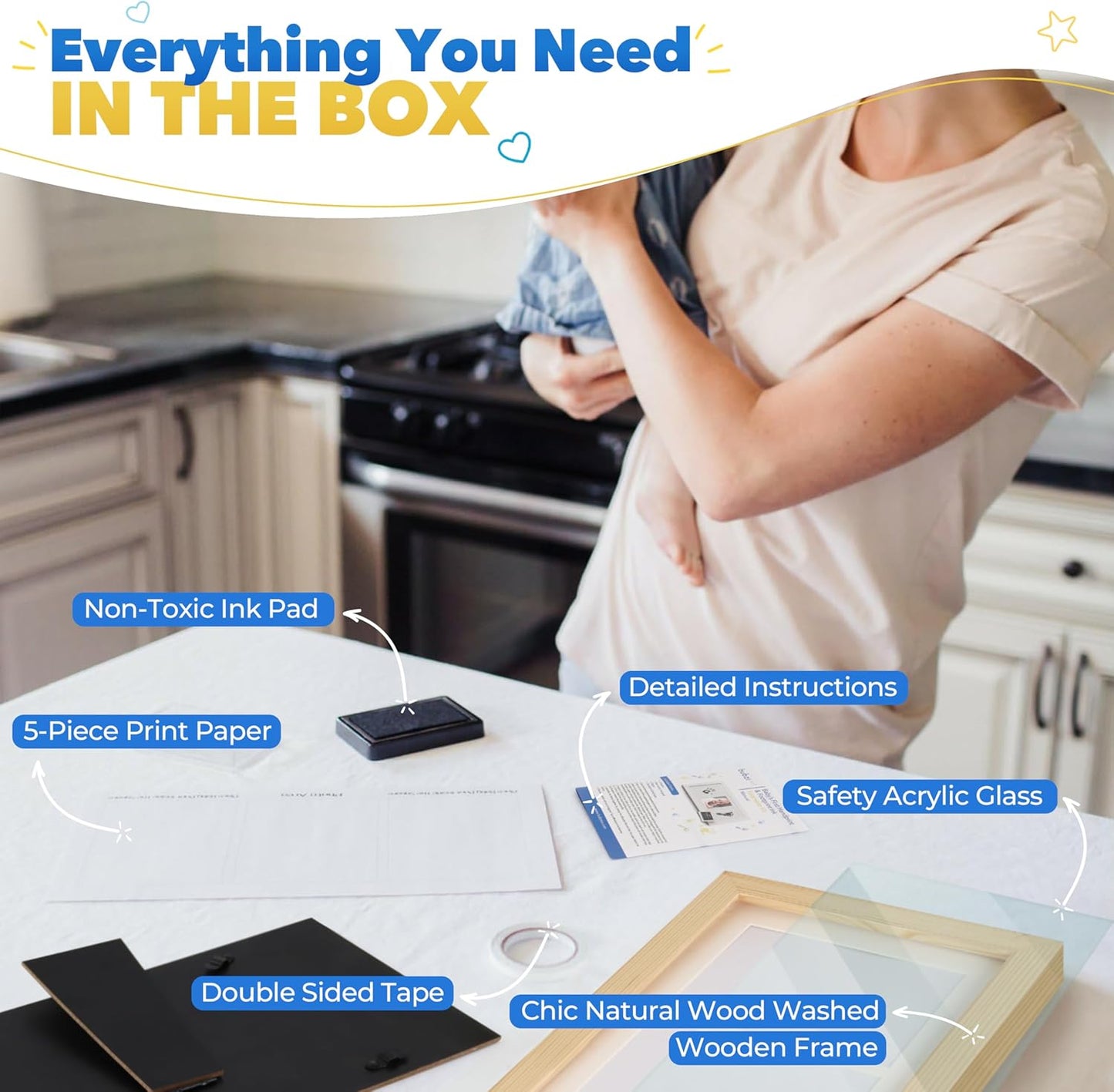 Bubzi Co Baby Handprint Kit & Footprint Photo Frame for Newborn Girls and Boys, Unique Baby Shower Gifts Set for Registry, Memorable Keepsake Decorations for Room Wall or Nursery Decor (Natural Wood)