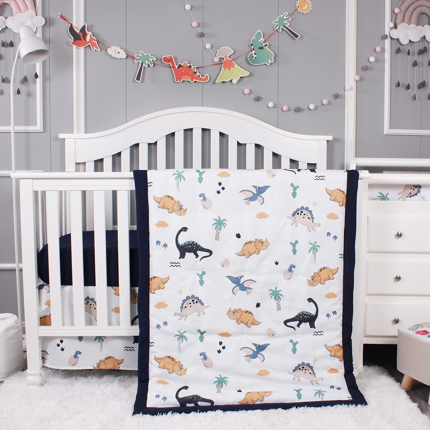 Belsden Dinosaur 3 Piece Crib Bedding Set for Baby Boys Girls, Classic Nursery Bedding Essential Including Comforter, Crib Sheet and Crib Skirt, Ultra Soft Cozy, Dino