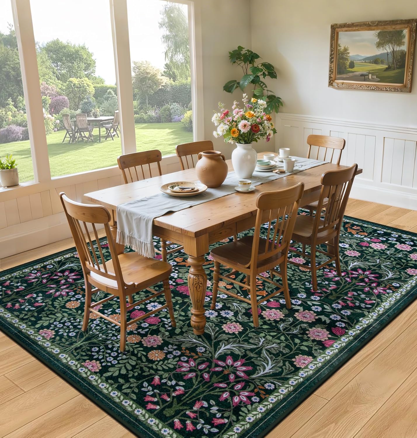 10x14 Area Rugs for Living Room: Floral Washable Rug Vintage Large Soft Boho Non-Slip Carpet Stain Resistant Low Pile Carpets for Bedroom Dining Room Farmhouse Nursery Hallway Home Office Dark Green